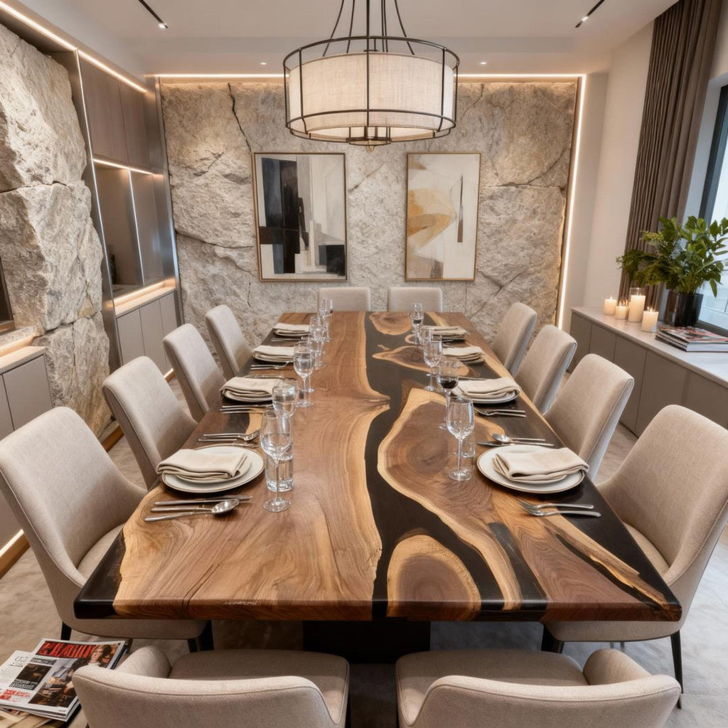 Custom Walnut Epoxy Resin River Table Onyx Black Resin VQJ-583