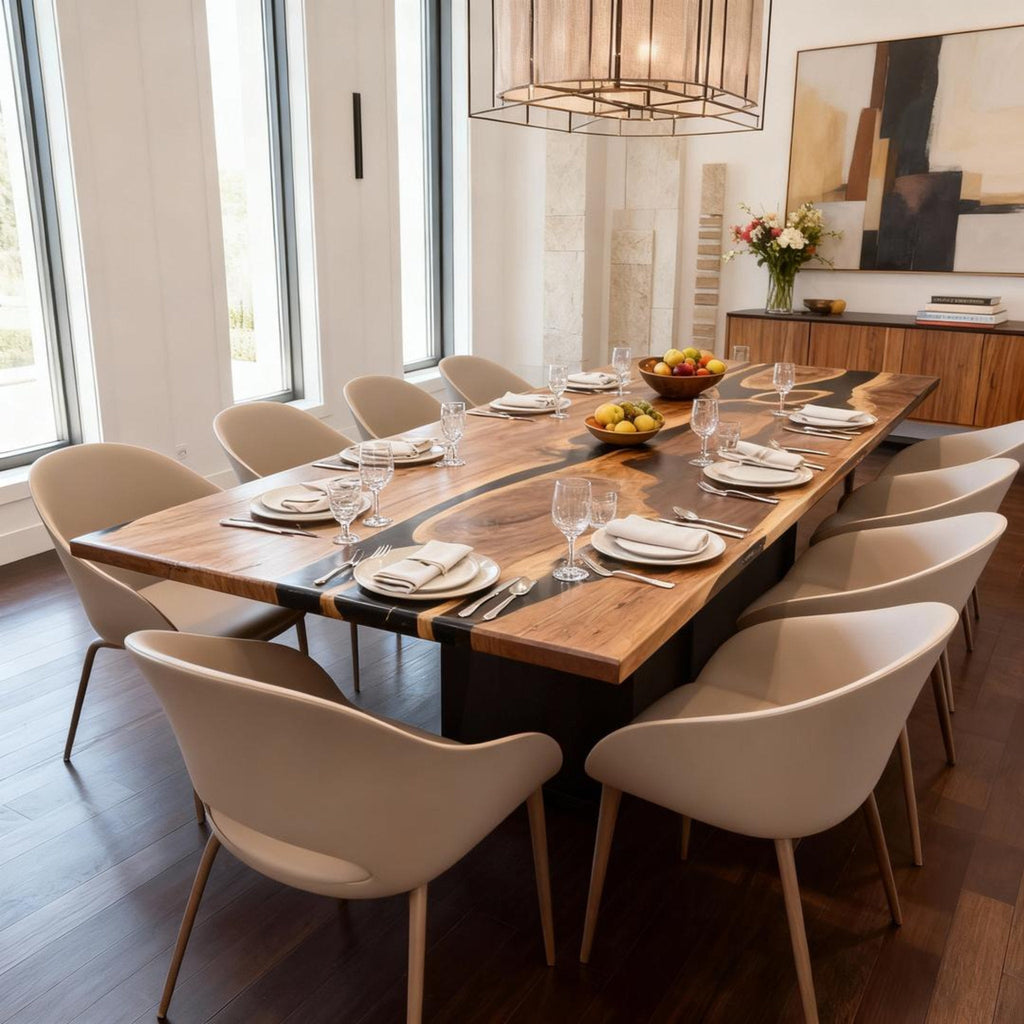 Custom Walnut Epoxy Resin River Table Onyx Black Resin VQJ-583