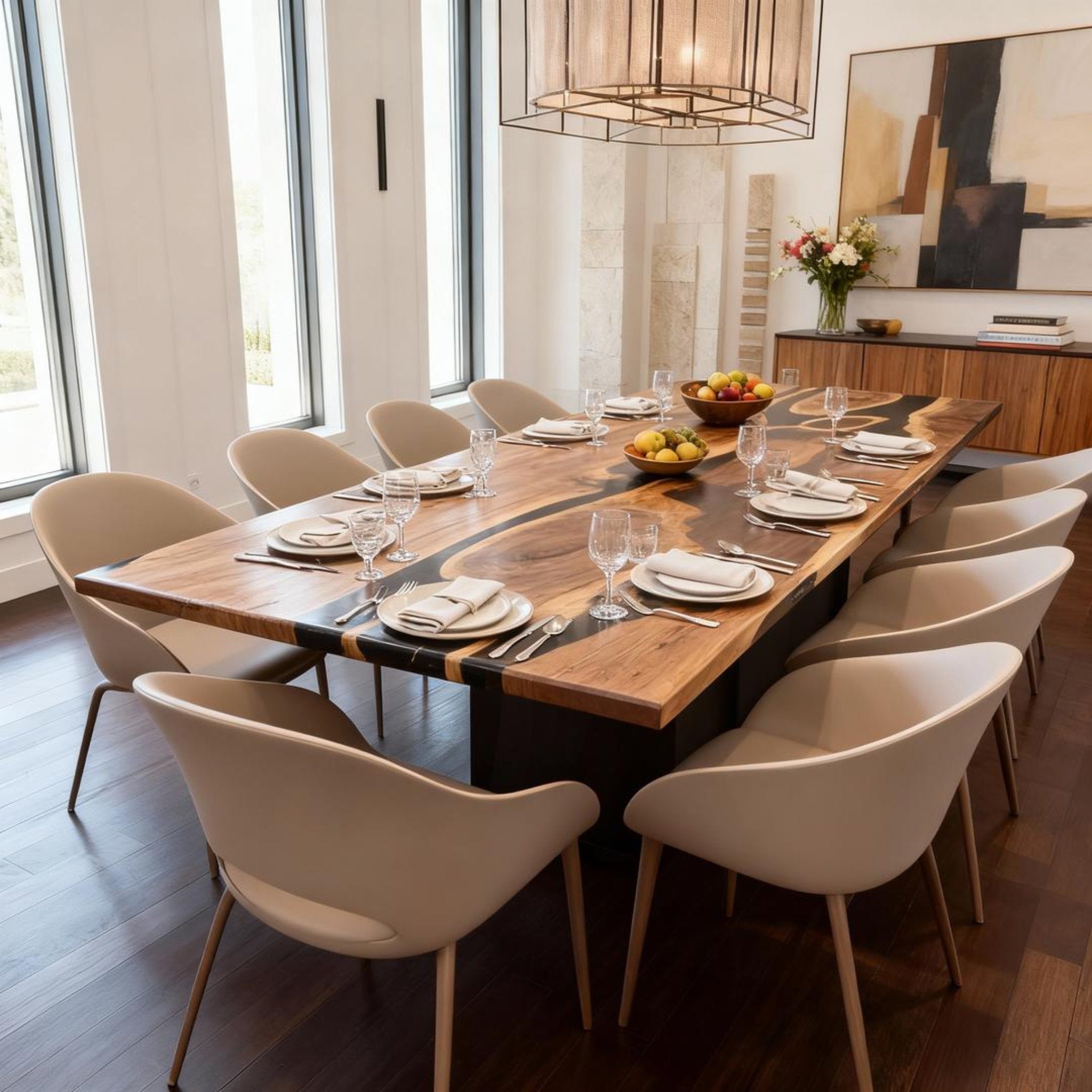 Custom Walnut Epoxy Resin River Table Onyx Black Resin VQJ-583