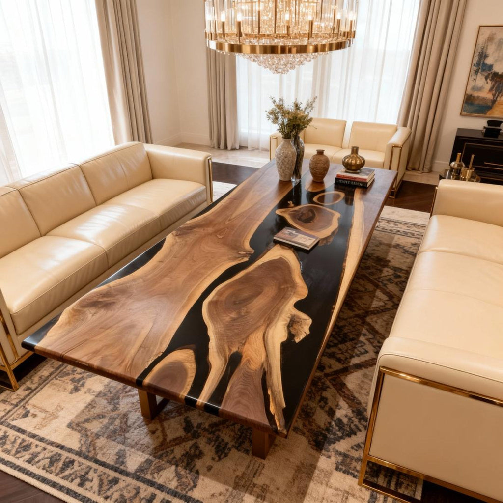 Custom Walnut Epoxy Resin River Table Onyx Black Resin VQJ-583