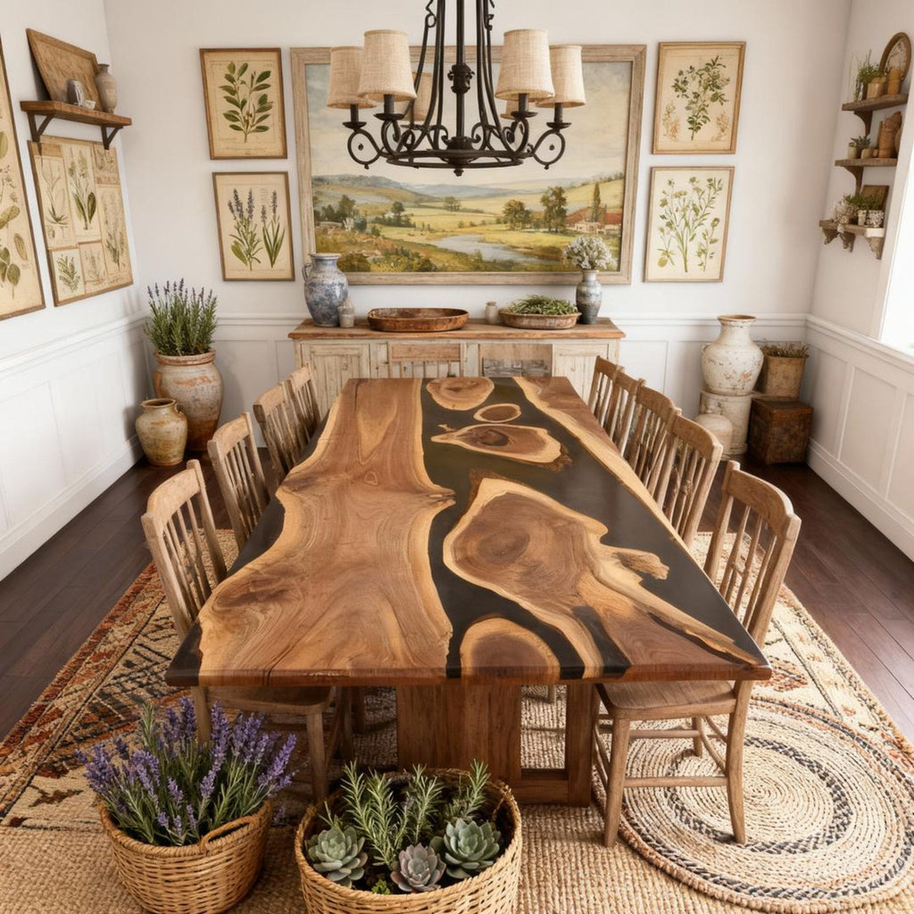 Custom Walnut Epoxy Resin River Table Onyx Black Resin VQJ-583