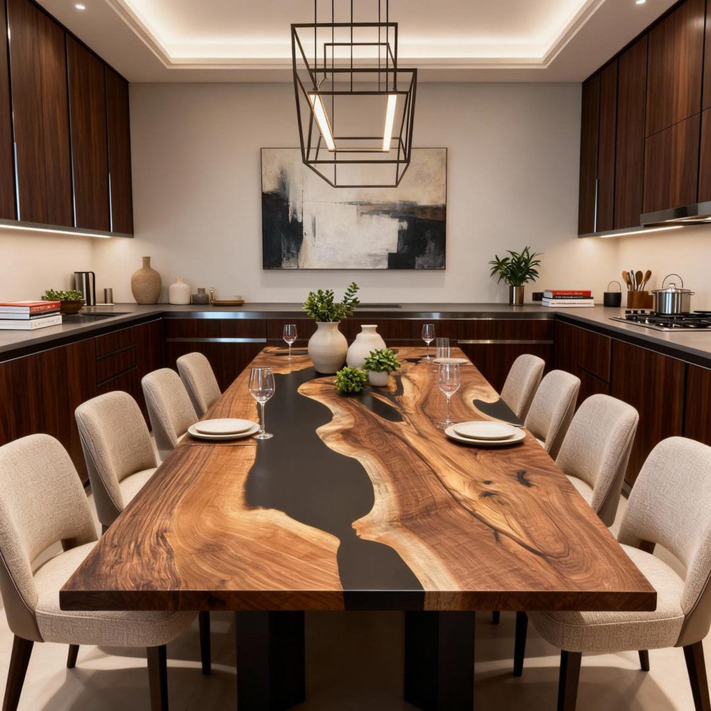 Custom Walnut Epoxy Resin River Table Onyx Black VQN-582