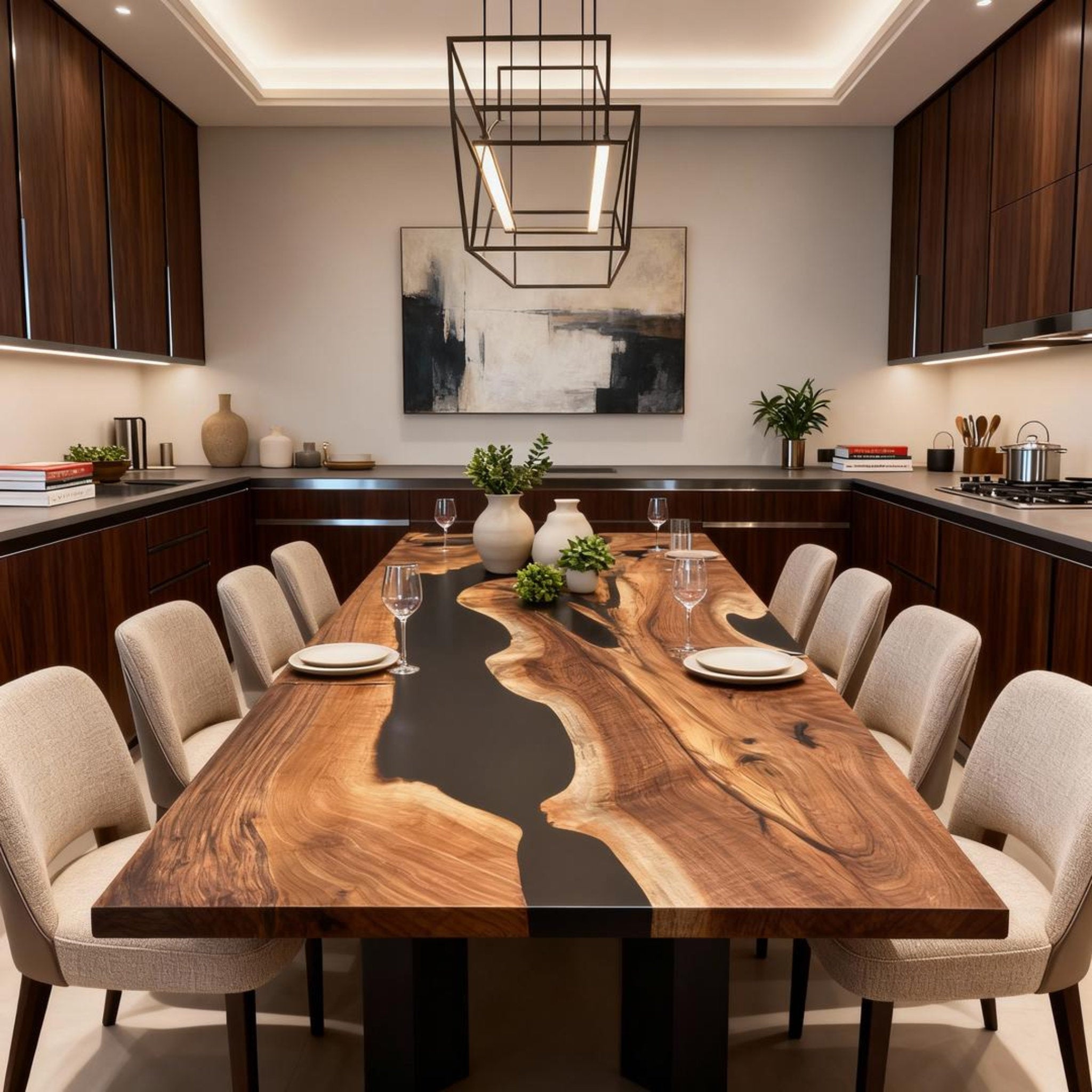 Table rivière sur mesure en résine époxy et noyer, noir onyx VQN-582