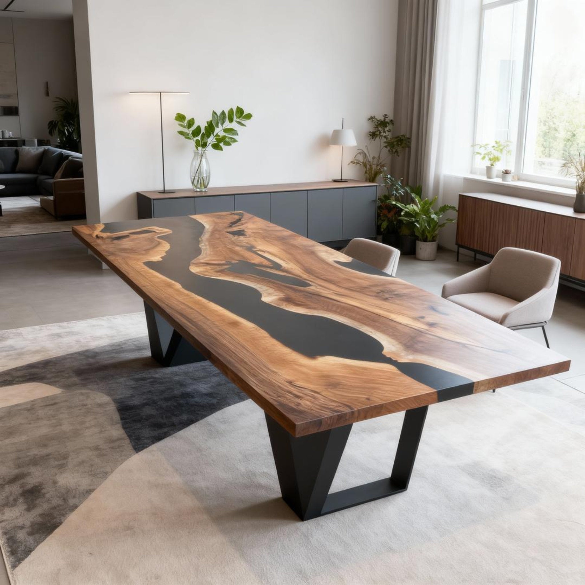 Table rivière sur mesure en résine époxy et noyer, noir onyx VQN-582
