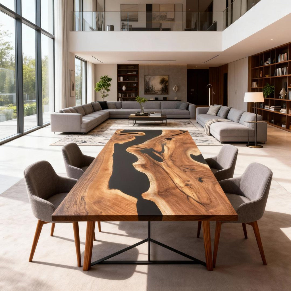 Custom Walnut Epoxy Resin River Table Onyx Black VQN-582