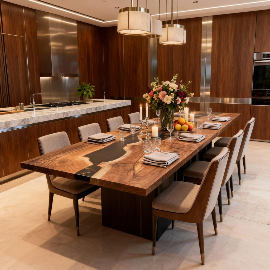 Custom Walnut Epoxy Resin River Table Onyx Black VQN-582