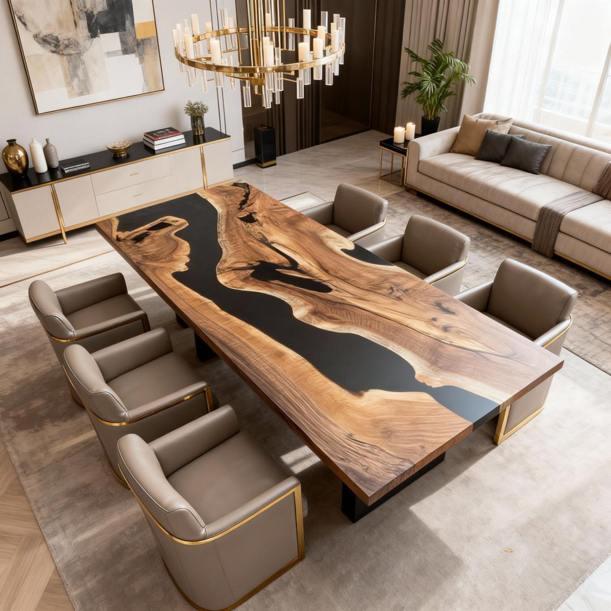 Table rivière sur mesure en résine époxy et noyer, noir onyx VQN-582