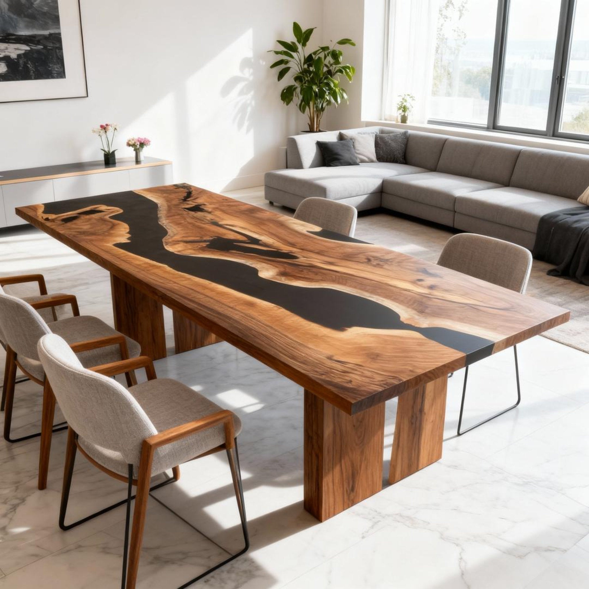 Custom Walnut Epoxy Resin River Table Onyx Black VQN-582