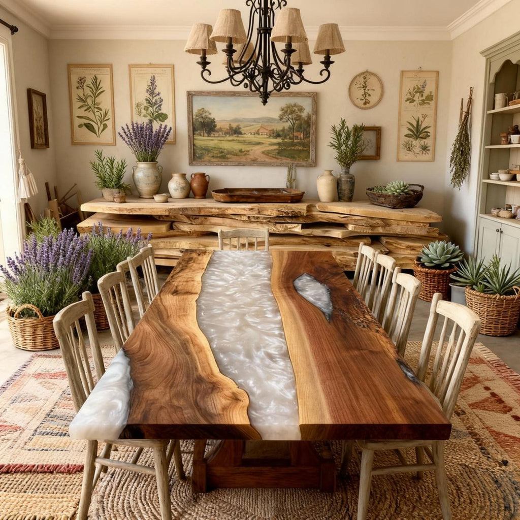 Custom Walnut Epoxy Resin River Table Pearlescent Alabaster QHR-573