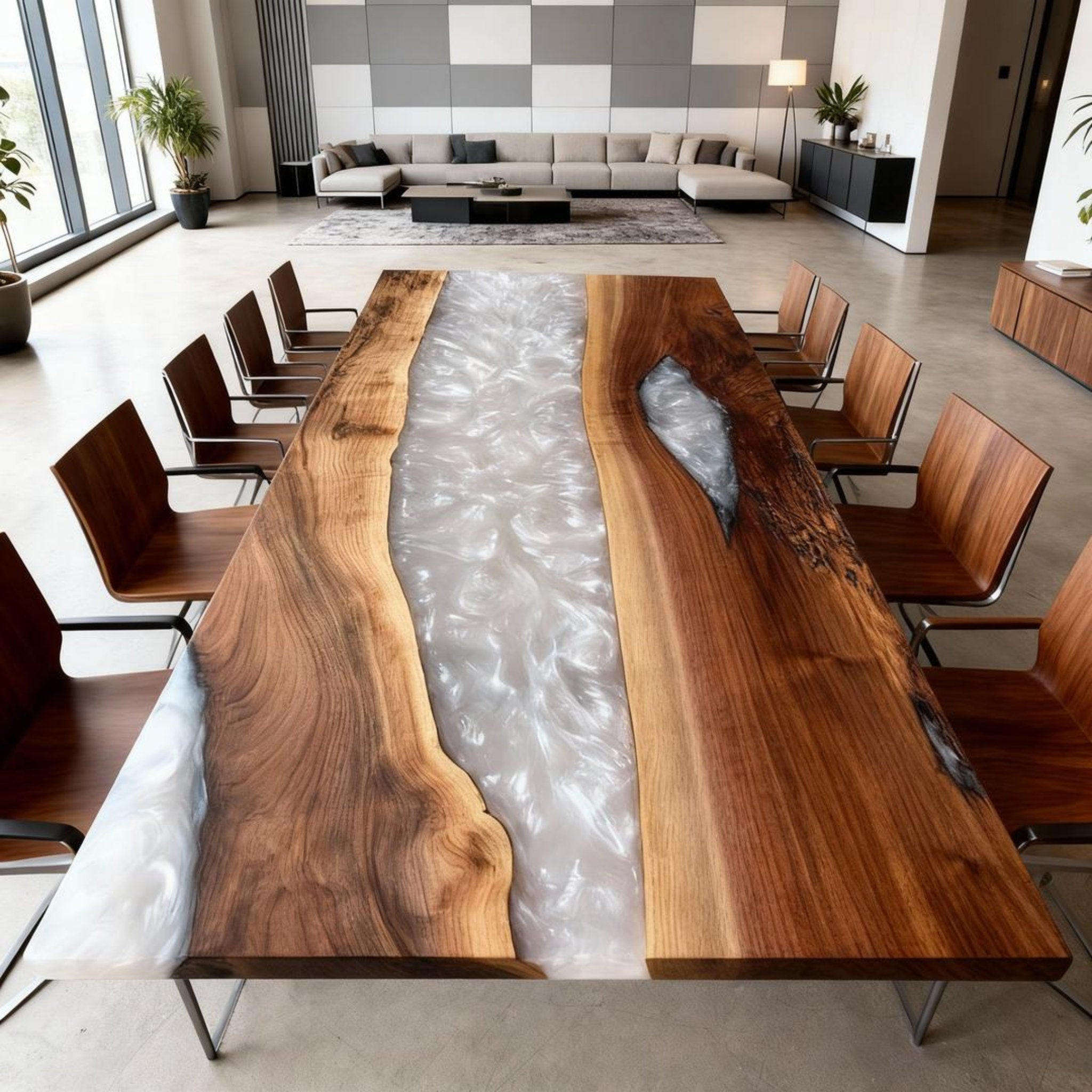 Table rivière personnalisée en résine époxy noyer, albâtre nacré QHR-573