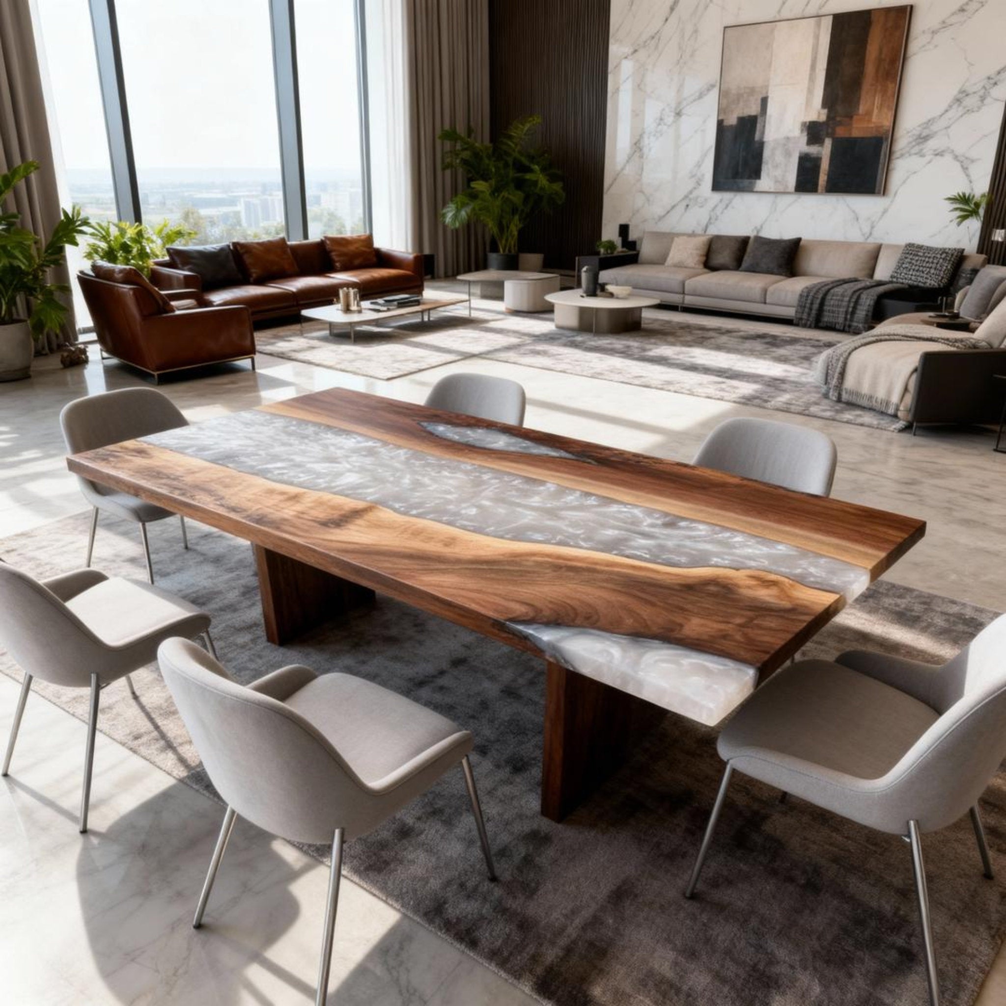 Table rivière personnalisée en résine époxy noyer, albâtre nacré QHR-573