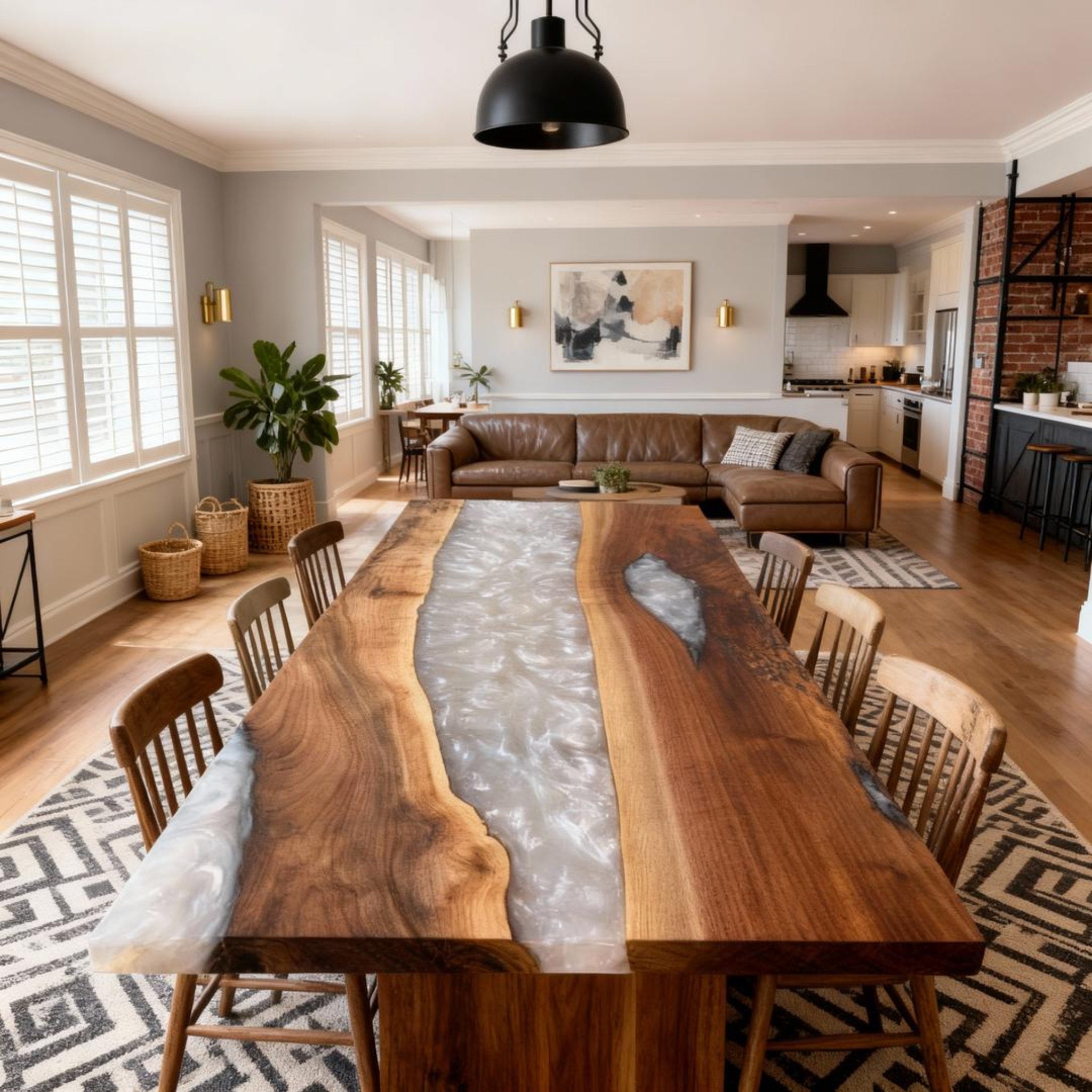 Table rivière personnalisée en résine époxy noyer, albâtre nacré QHR-573