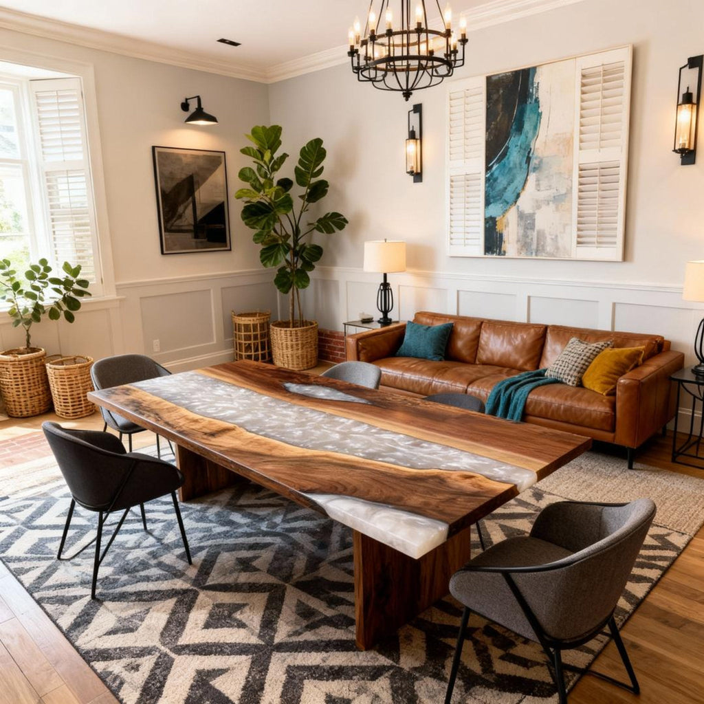 Custom Walnut Epoxy Resin River Table Pearlescent Alabaster QHR-573