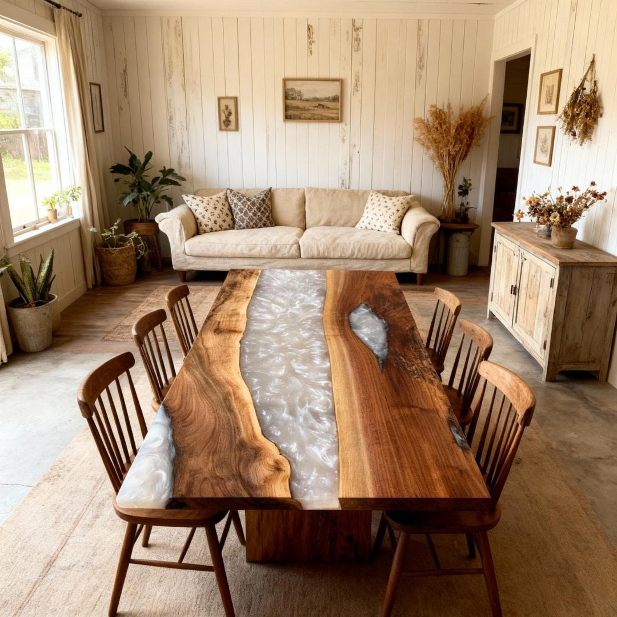 Custom Walnut Epoxy Resin River Table Pearlescent Alabaster QHR-573