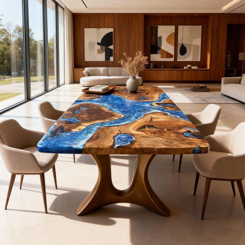 Custom Walnut Epoxy Resin River Table Pearlescent Cerulean Blue ZKQ-582