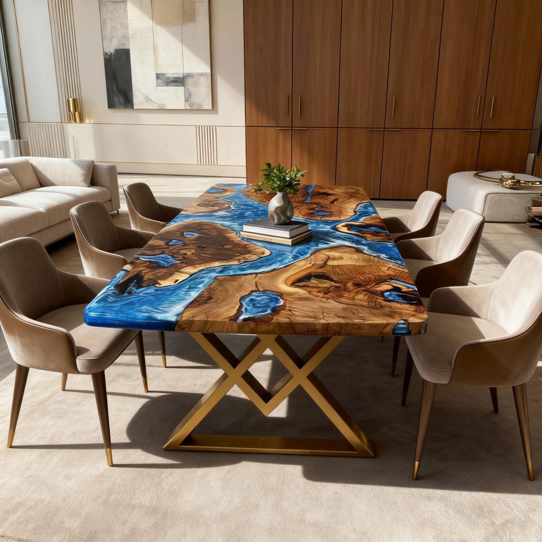 Table rivière personnalisée en résine époxy noyer, bleu céruléen nacré ZKQ-582