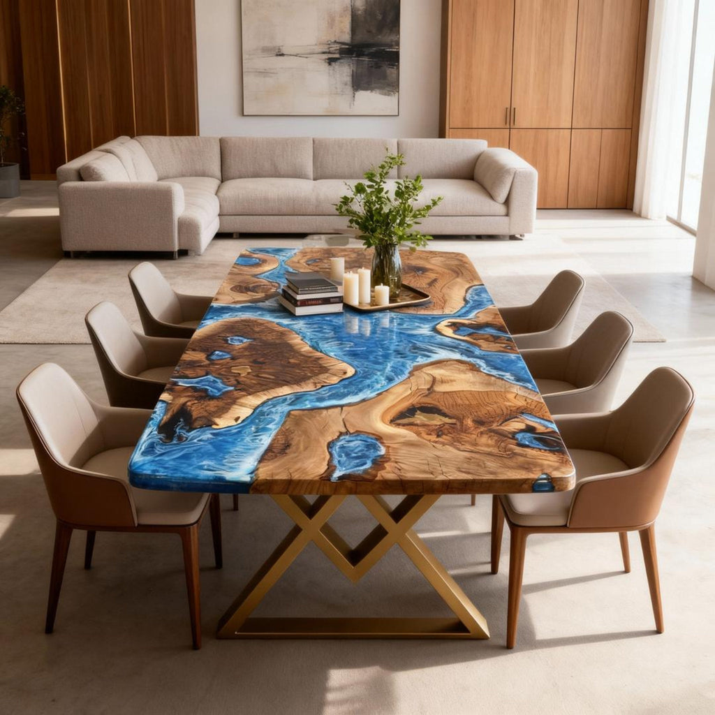 Custom Walnut Epoxy Resin River Table Pearlescent Cerulean Blue ZKQ-582