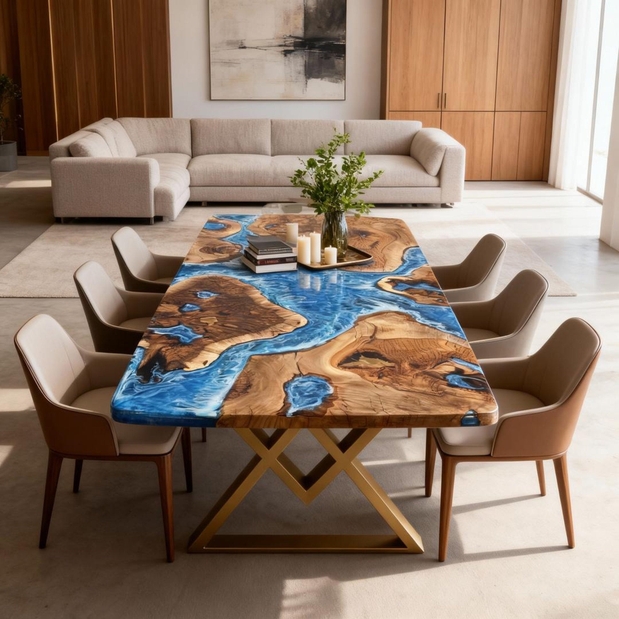 Table rivière personnalisée en résine époxy noyer, bleu céruléen nacré ZKQ-582