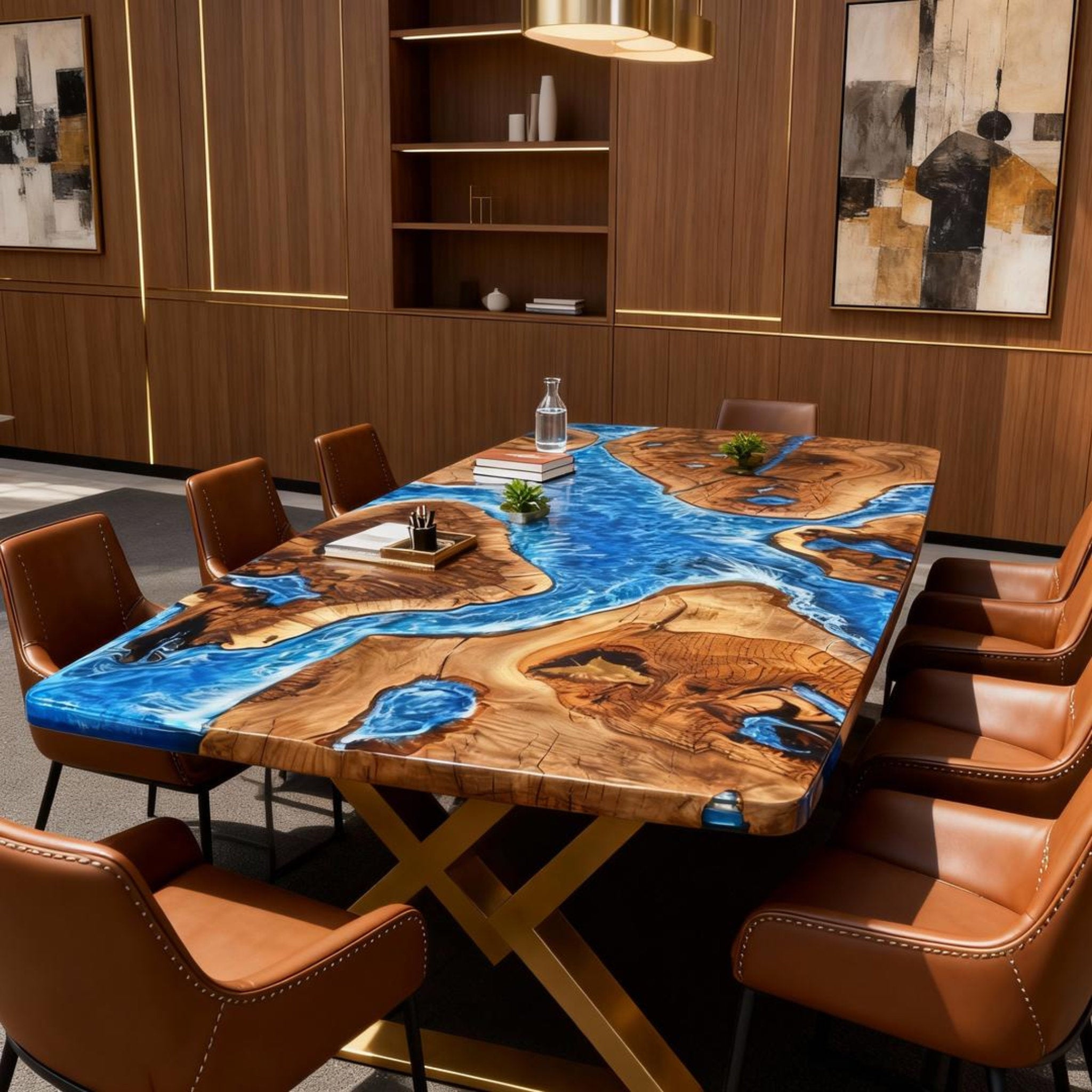 Table rivière personnalisée en résine époxy noyer, bleu céruléen nacré ZKQ-582