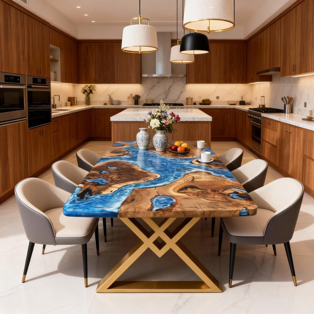 Custom Walnut Epoxy Resin River Table Pearlescent Cerulean Blue ZKQ-582