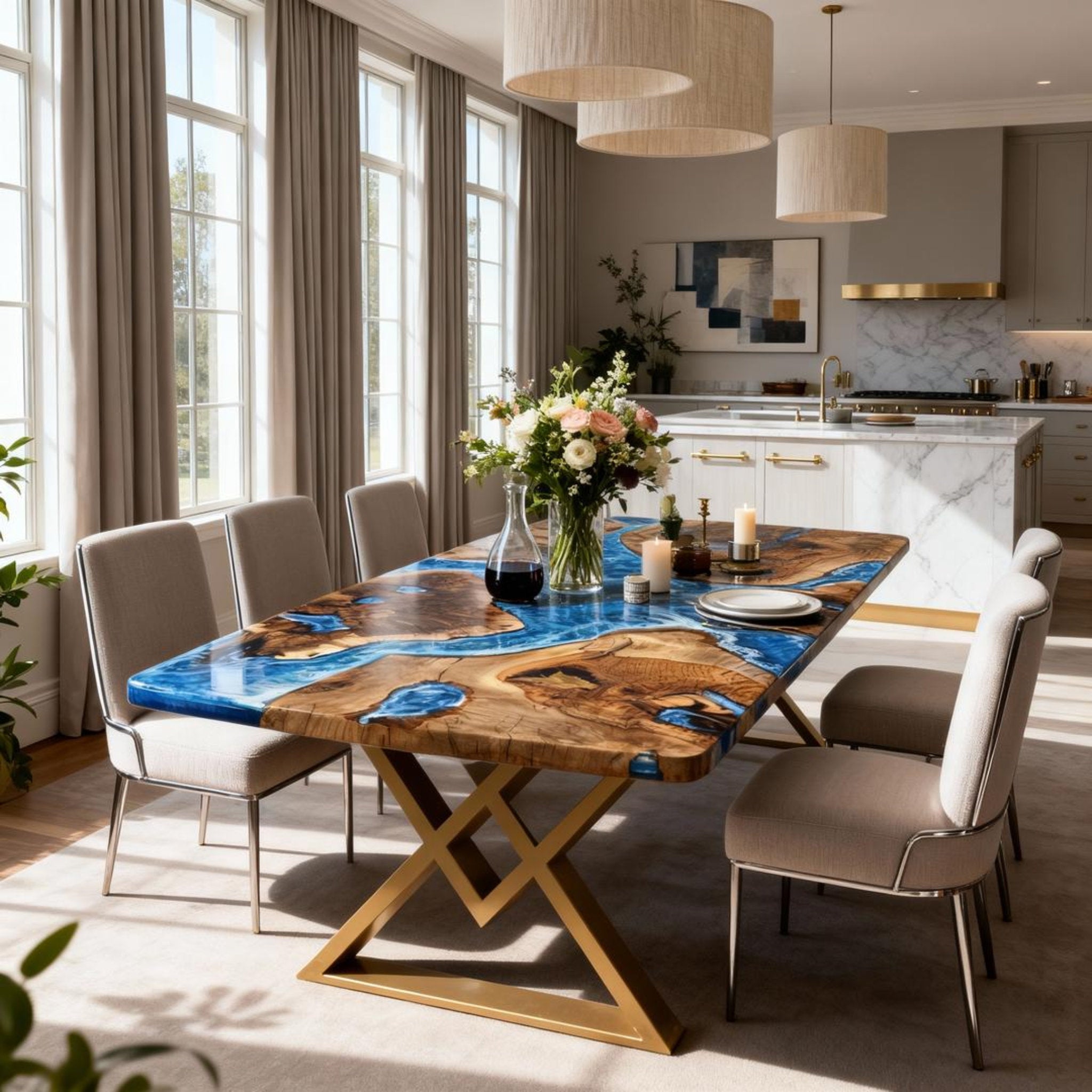 Custom Walnut Epoxy Resin River Table Pearlescent Cerulean Blue ZKQ-582