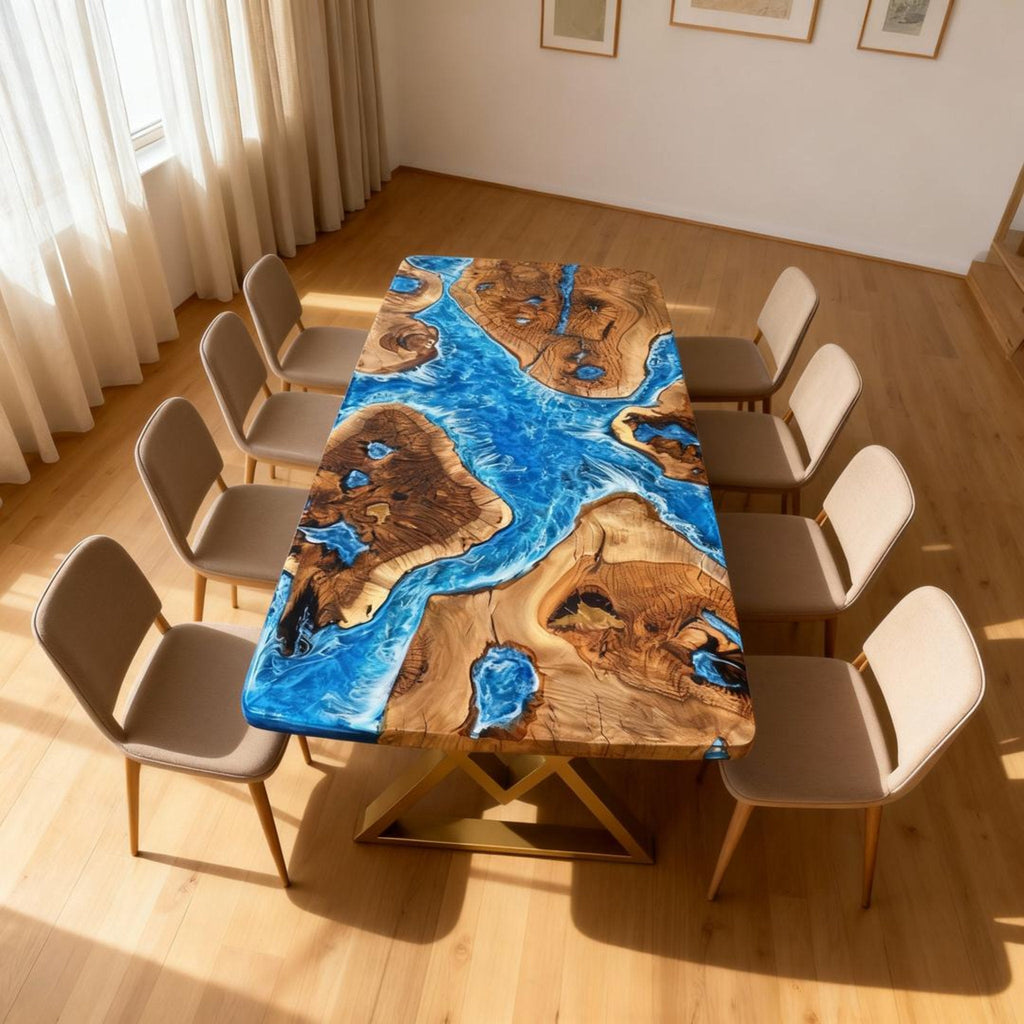 Custom Walnut Epoxy Resin River Table Pearlescent Cerulean Blue ZKQ-582