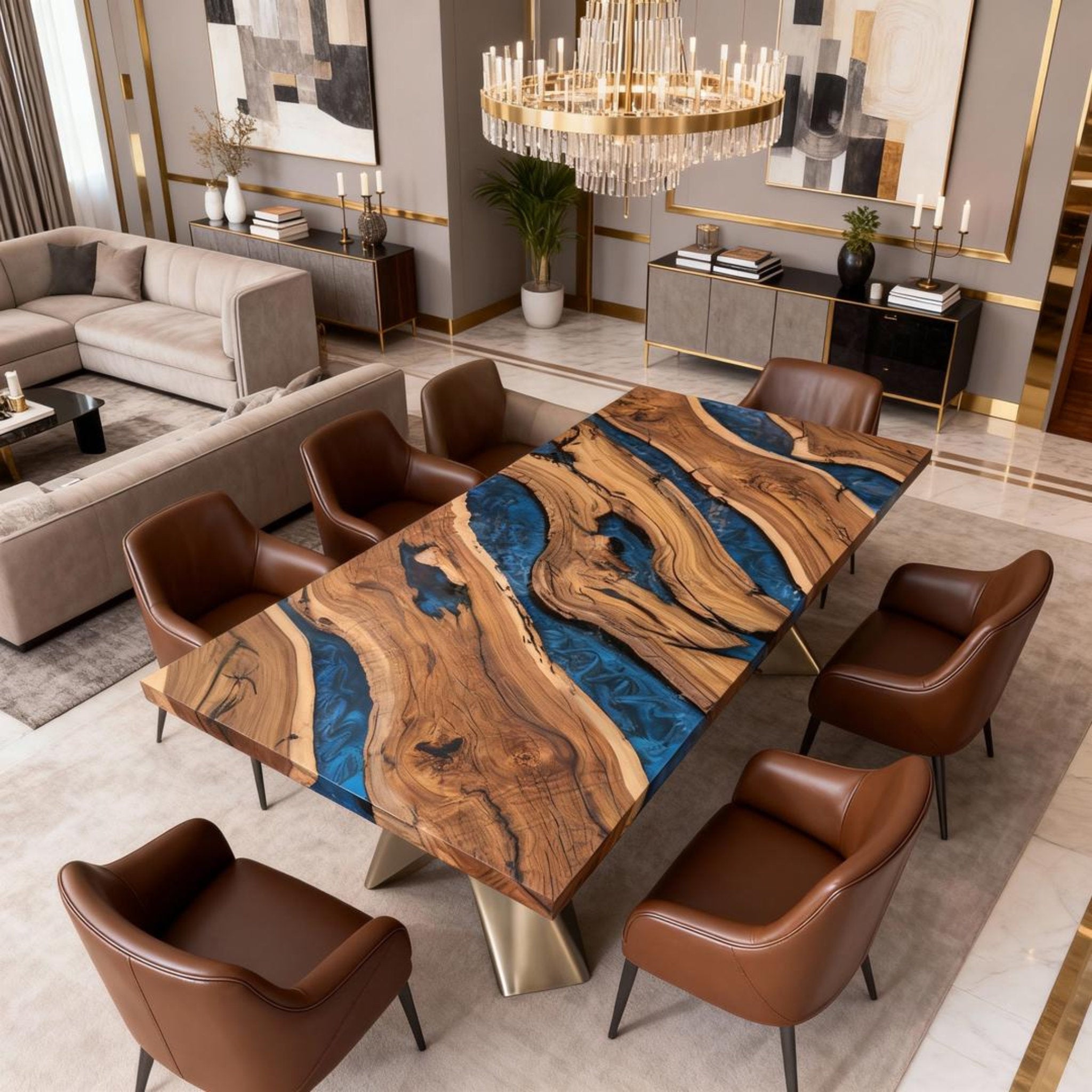 Table rivière sur mesure en résine époxy et noyer bleu saphir NQV-472