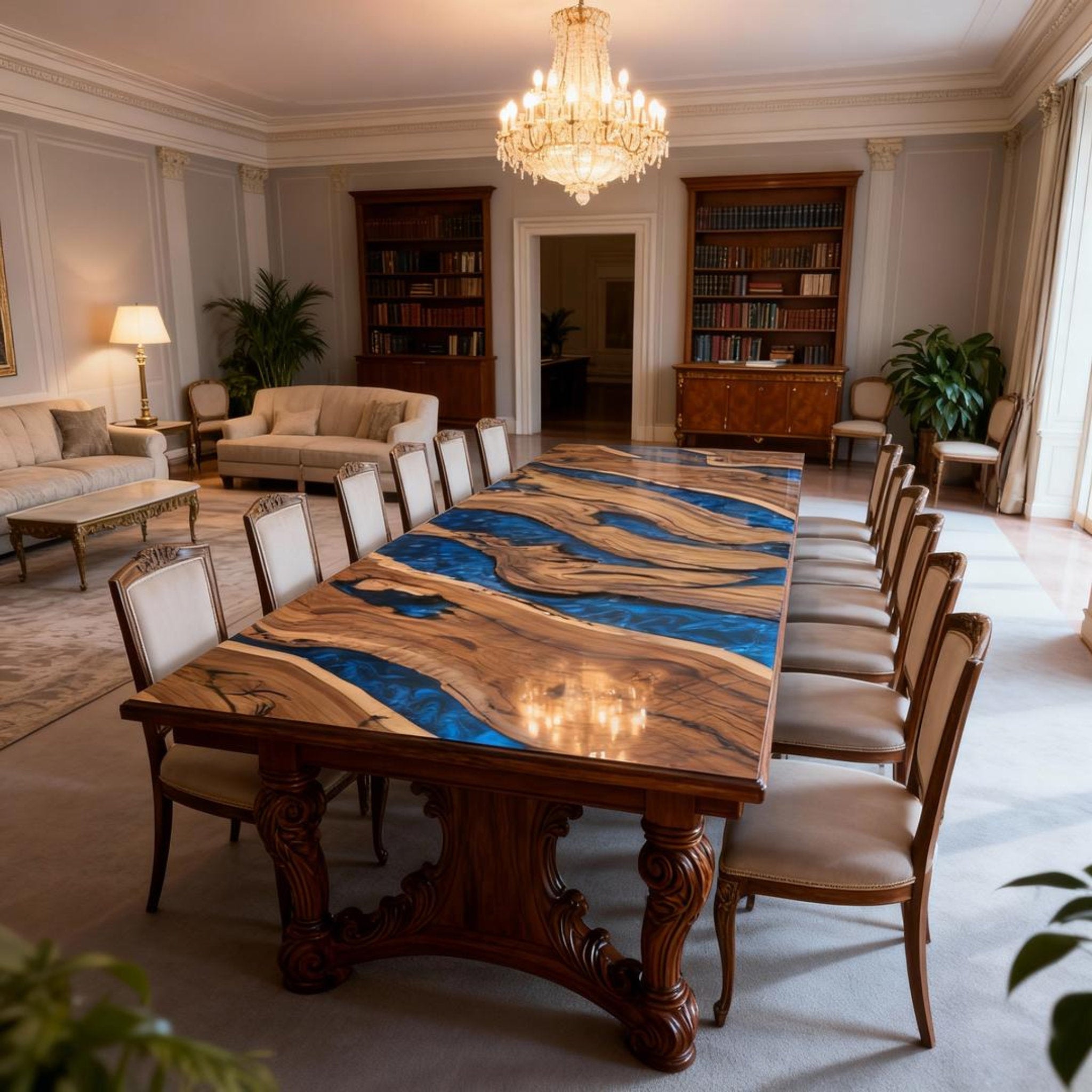 Table rivière sur mesure en résine époxy et noyer bleu saphir NQV-472