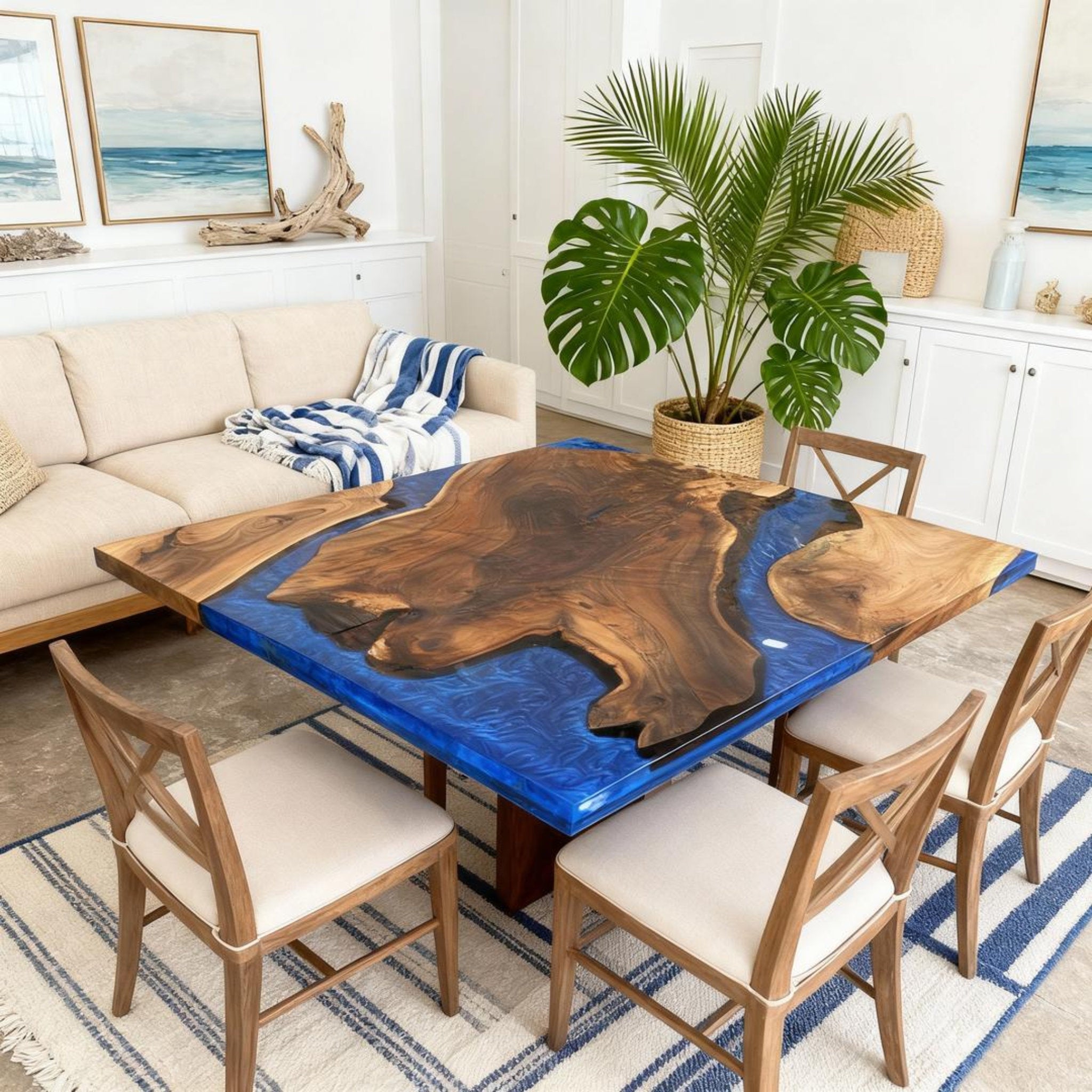 Table rivière sur mesure en résine époxy et noyer, résine bleu saphir QNL-784