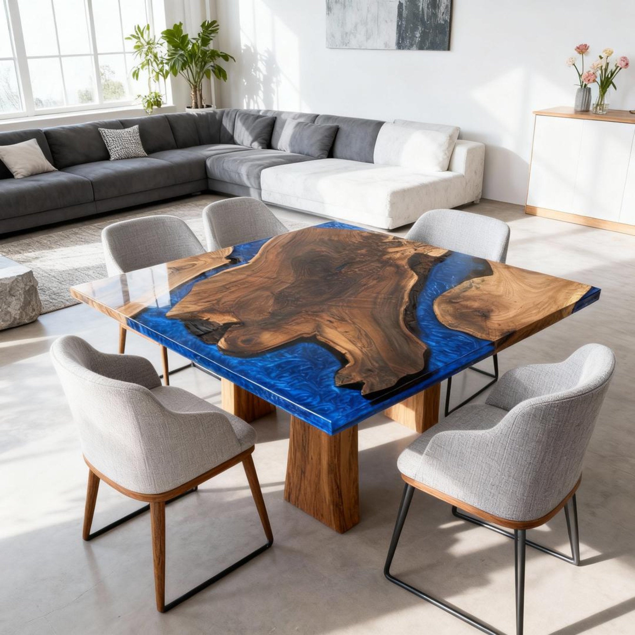 Table rivière sur mesure en résine époxy et noyer, résine bleu saphir QNL-784
