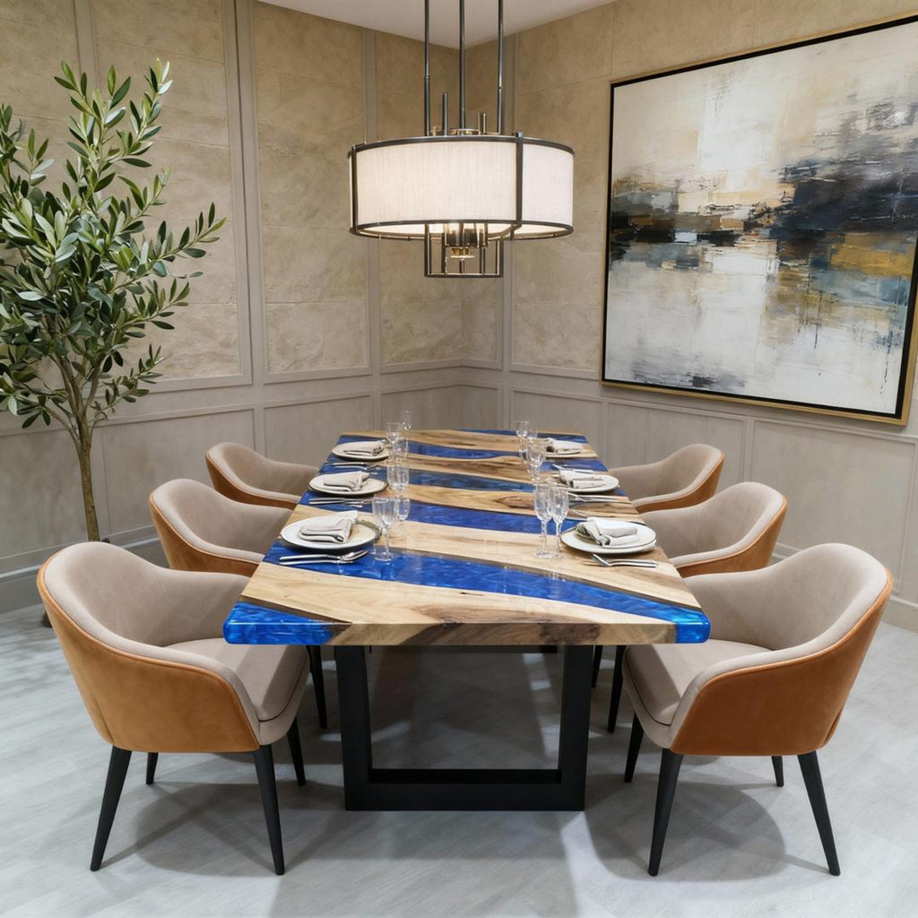 Table rivière personnalisée en résine époxy et noyer, résine bleu saphir VHX-673