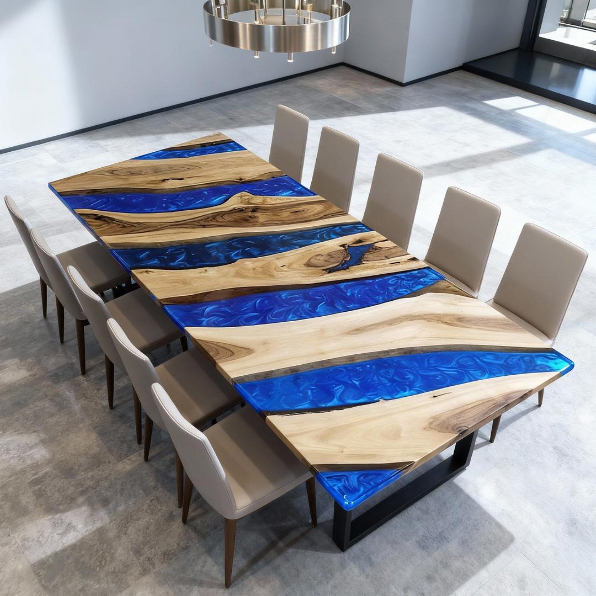 Table rivière personnalisée en résine époxy et noyer, résine bleu saphir VHX-673