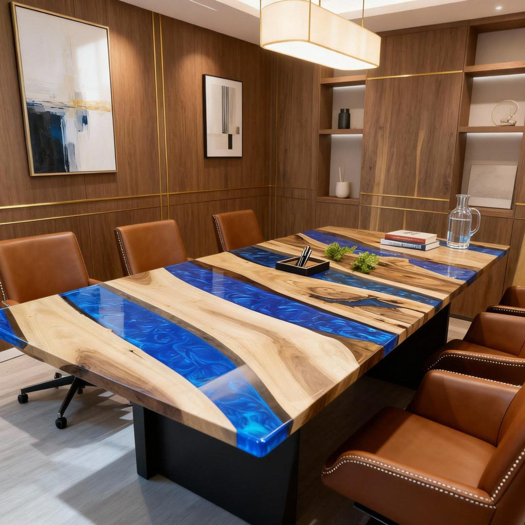 Table rivière personnalisée en résine époxy et noyer, résine bleu saphir VHX-673