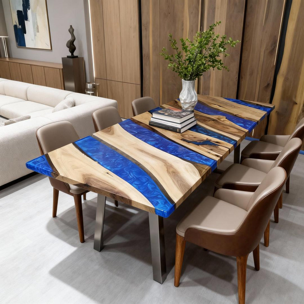 Table rivière personnalisée en résine époxy et noyer, résine bleu saphir VHX-673