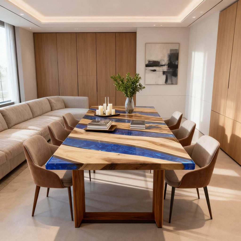 Table rivière personnalisée en résine époxy et noyer, résine bleu saphir VHX-673