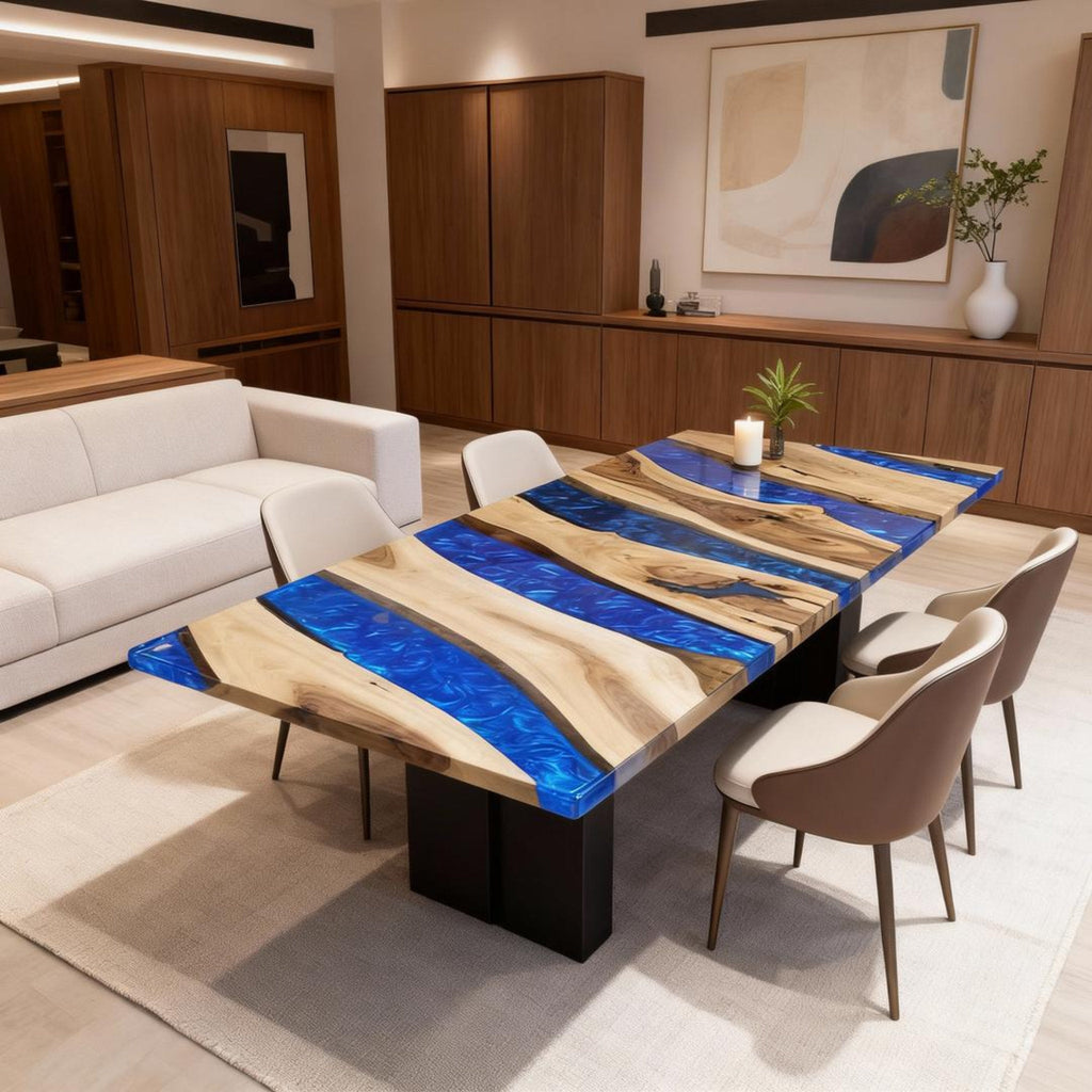 Table rivière personnalisée en résine époxy et noyer, résine bleu saphir VHX-673