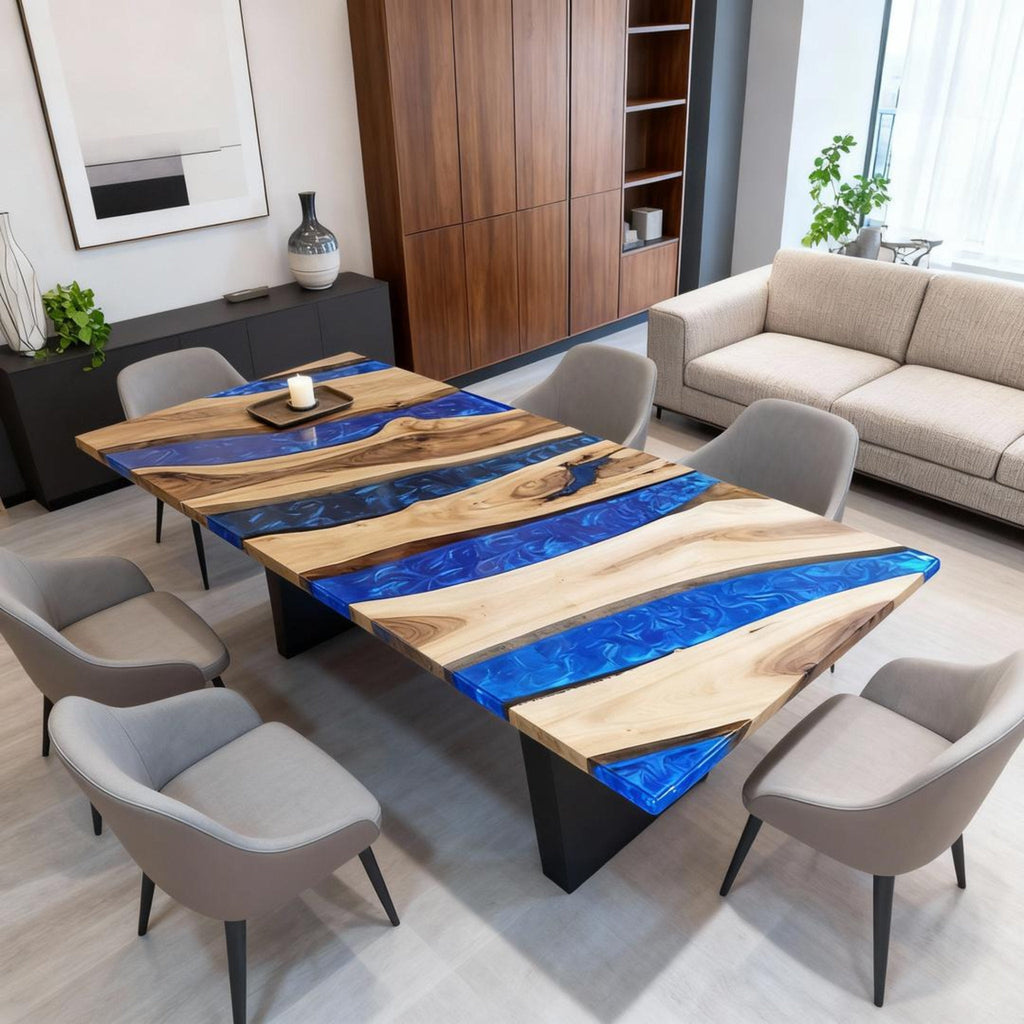 Table rivière personnalisée en résine époxy et noyer, résine bleu saphir VHX-673