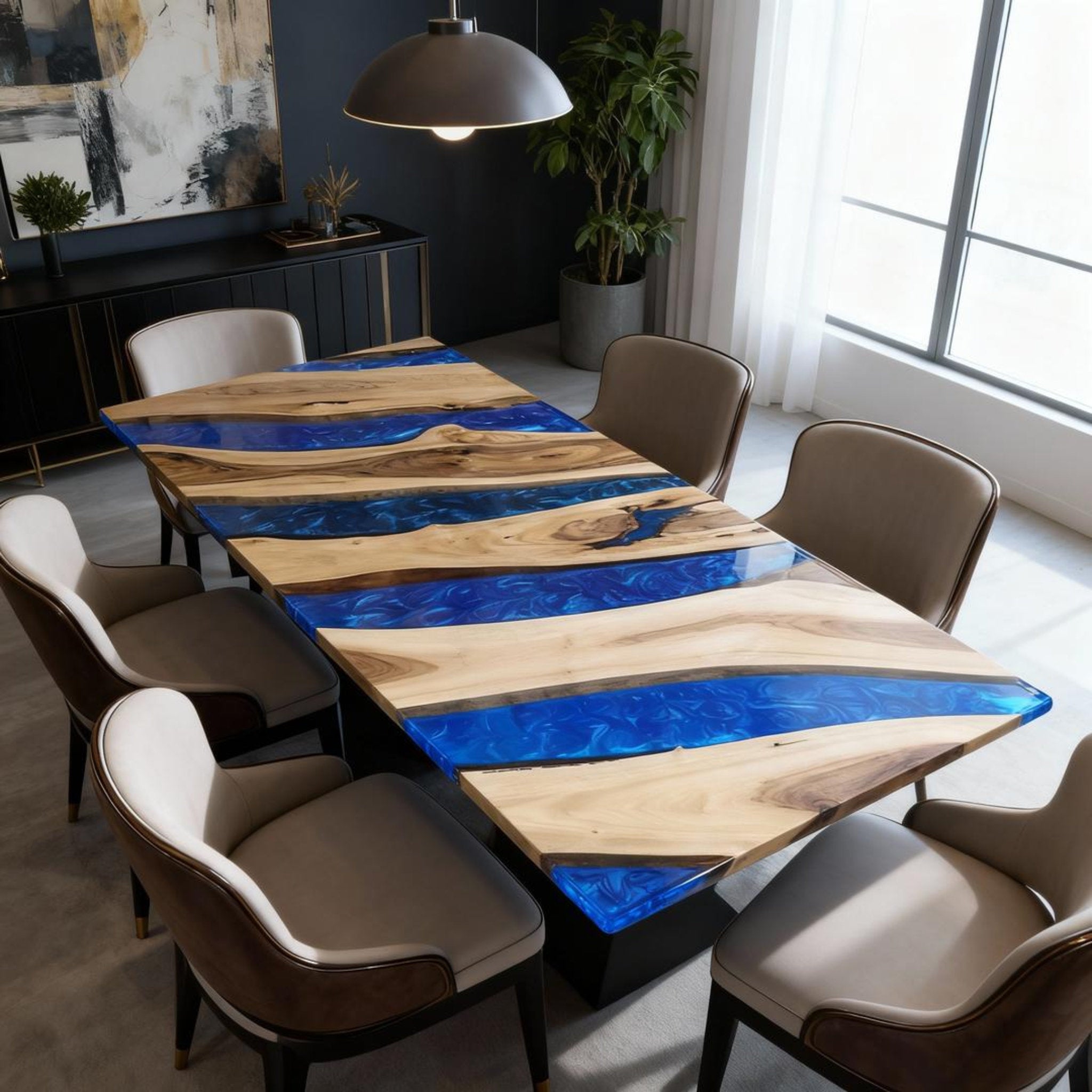 Table rivière personnalisée en résine époxy et noyer, résine bleu saphir VHX-673