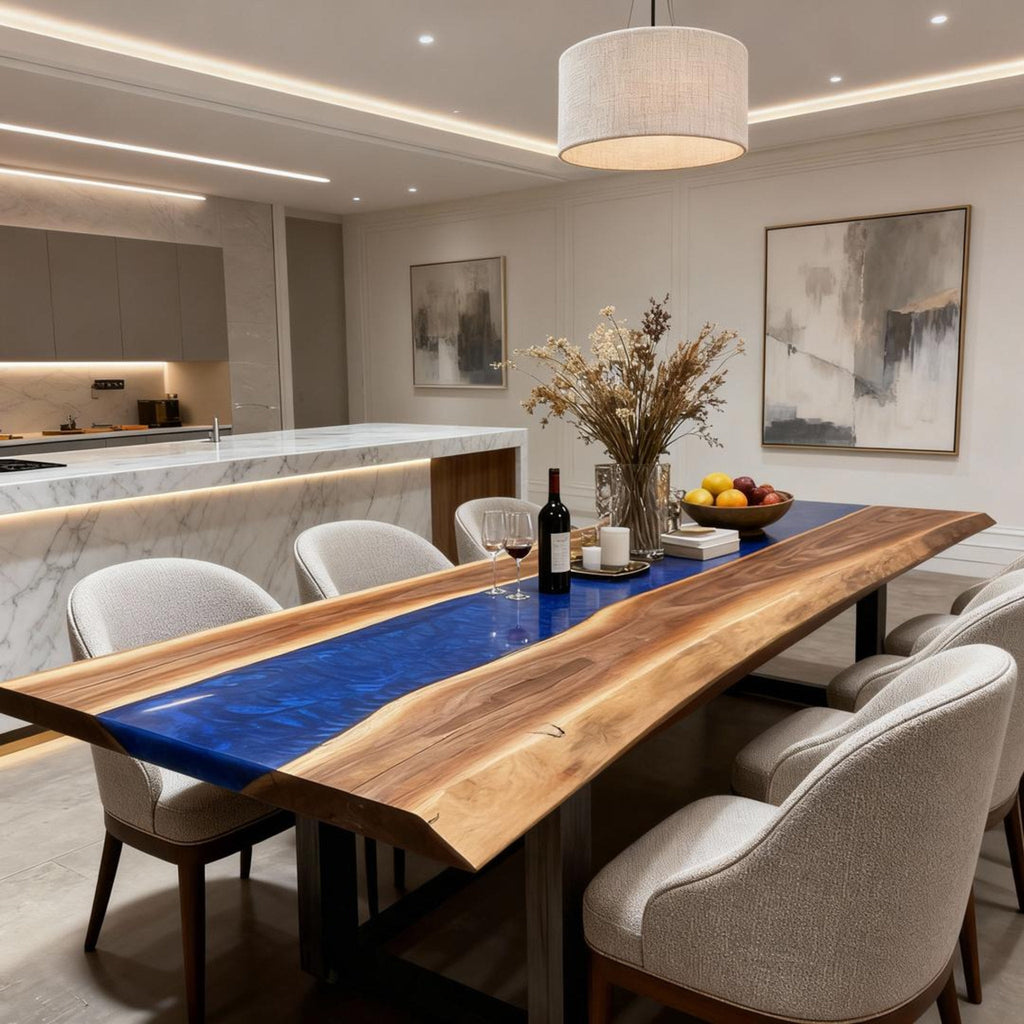 Table rivière sur mesure en résine époxy et noyer bleu saphir VXJ-582