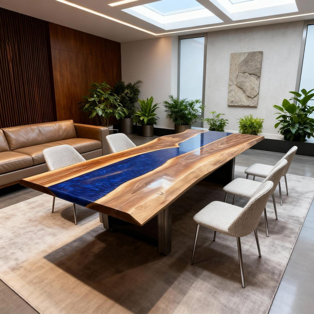 Table rivière sur mesure en résine époxy et noyer bleu saphir VXJ-582