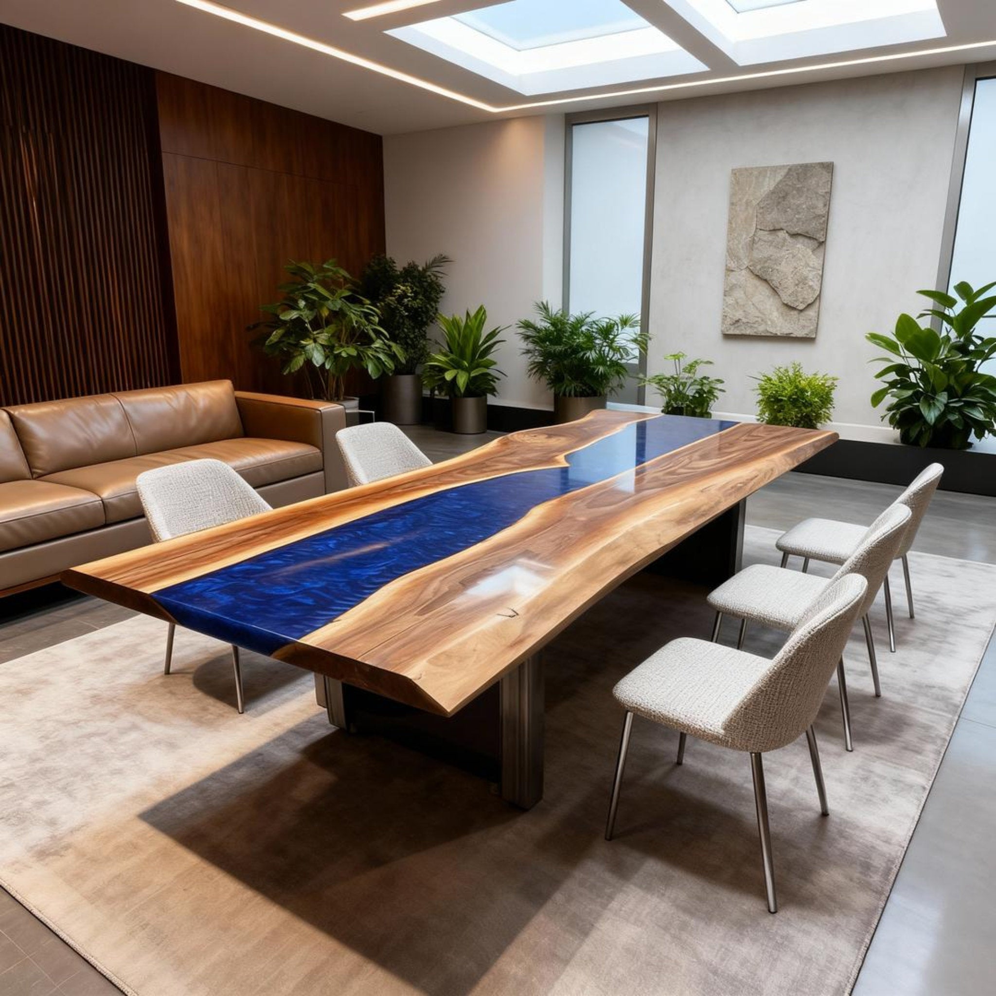 Table rivière sur mesure en résine époxy et noyer bleu saphir VXJ-582