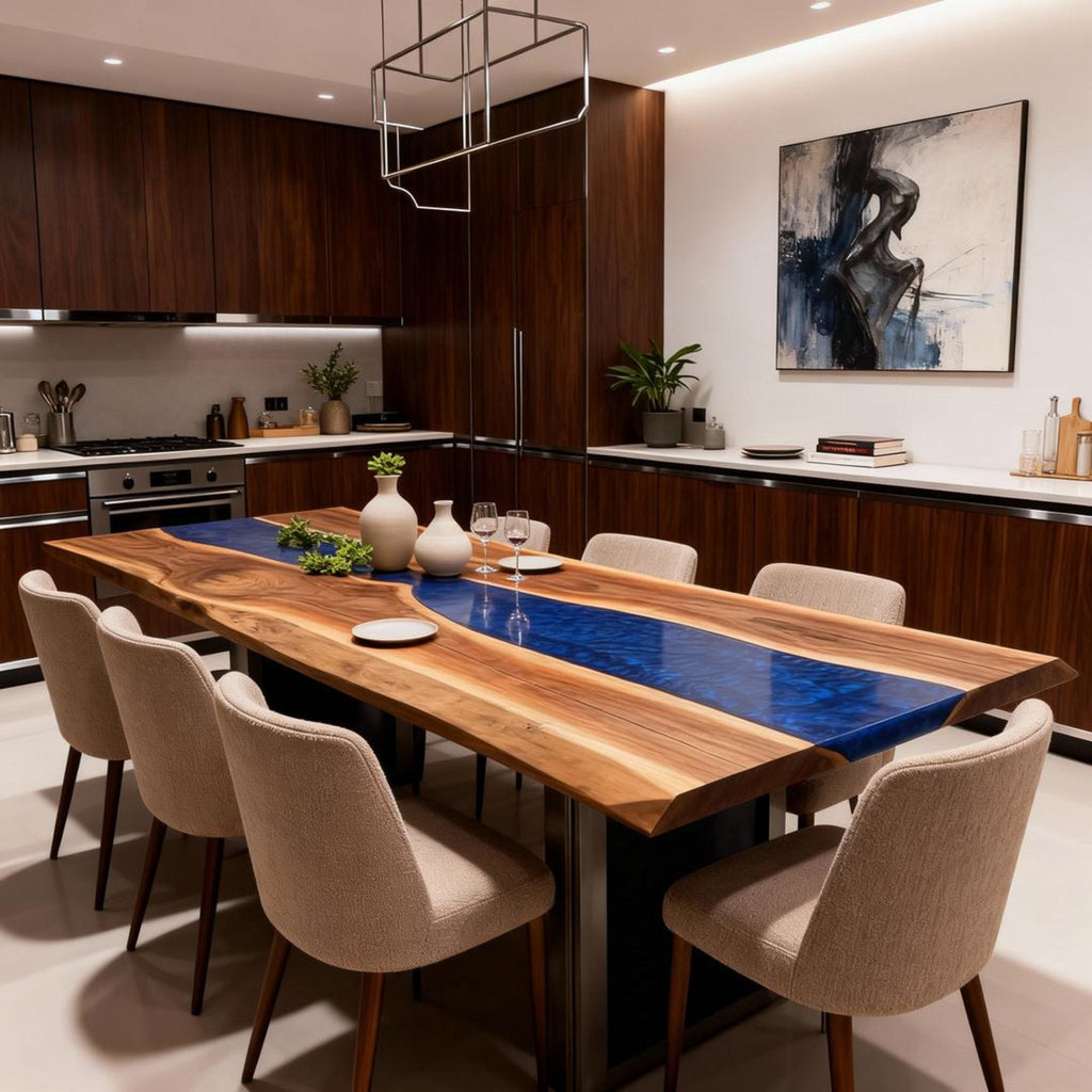 Table rivière sur mesure en résine époxy et noyer bleu saphir VXJ-582