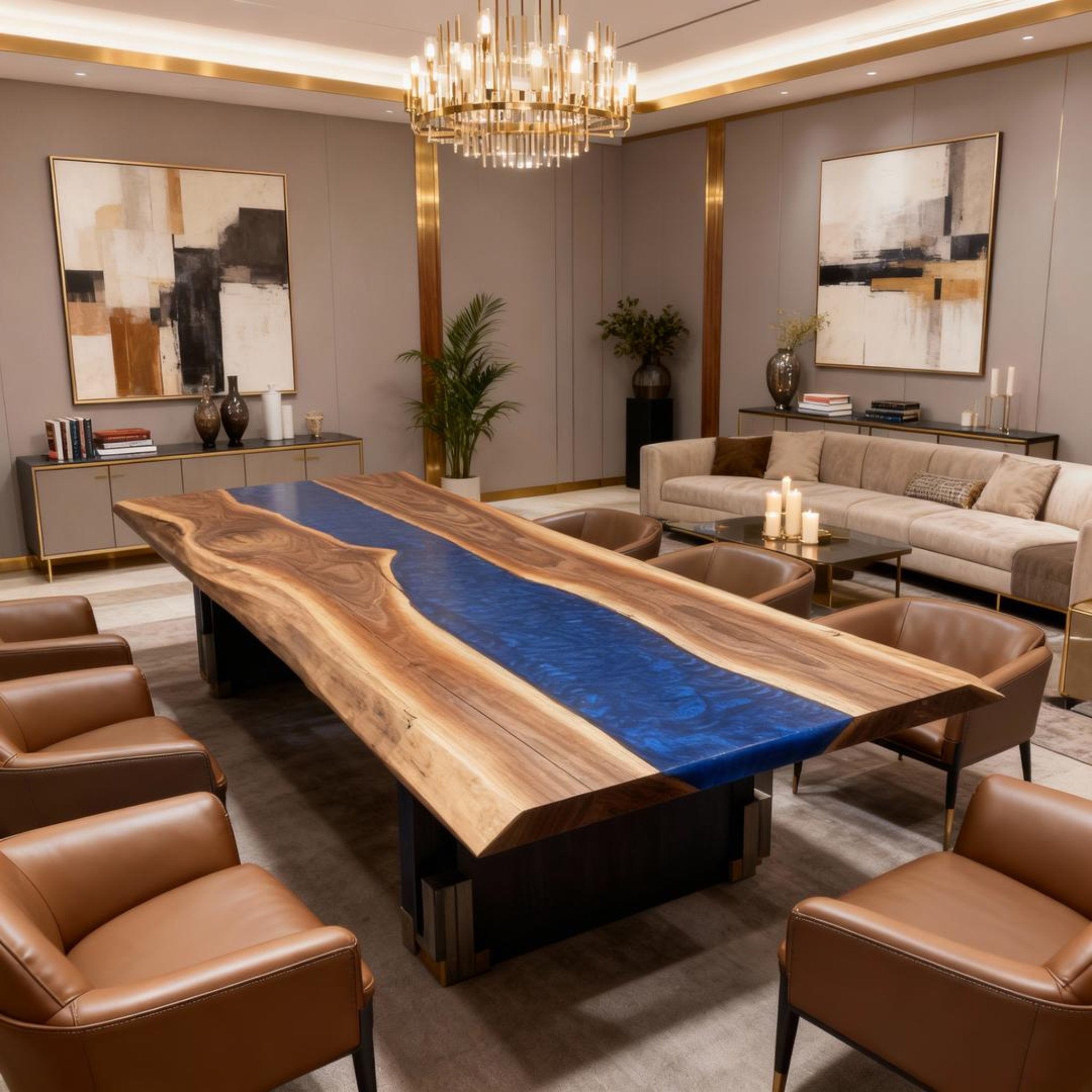 Table rivière sur mesure en résine époxy et noyer bleu saphir VXJ-582