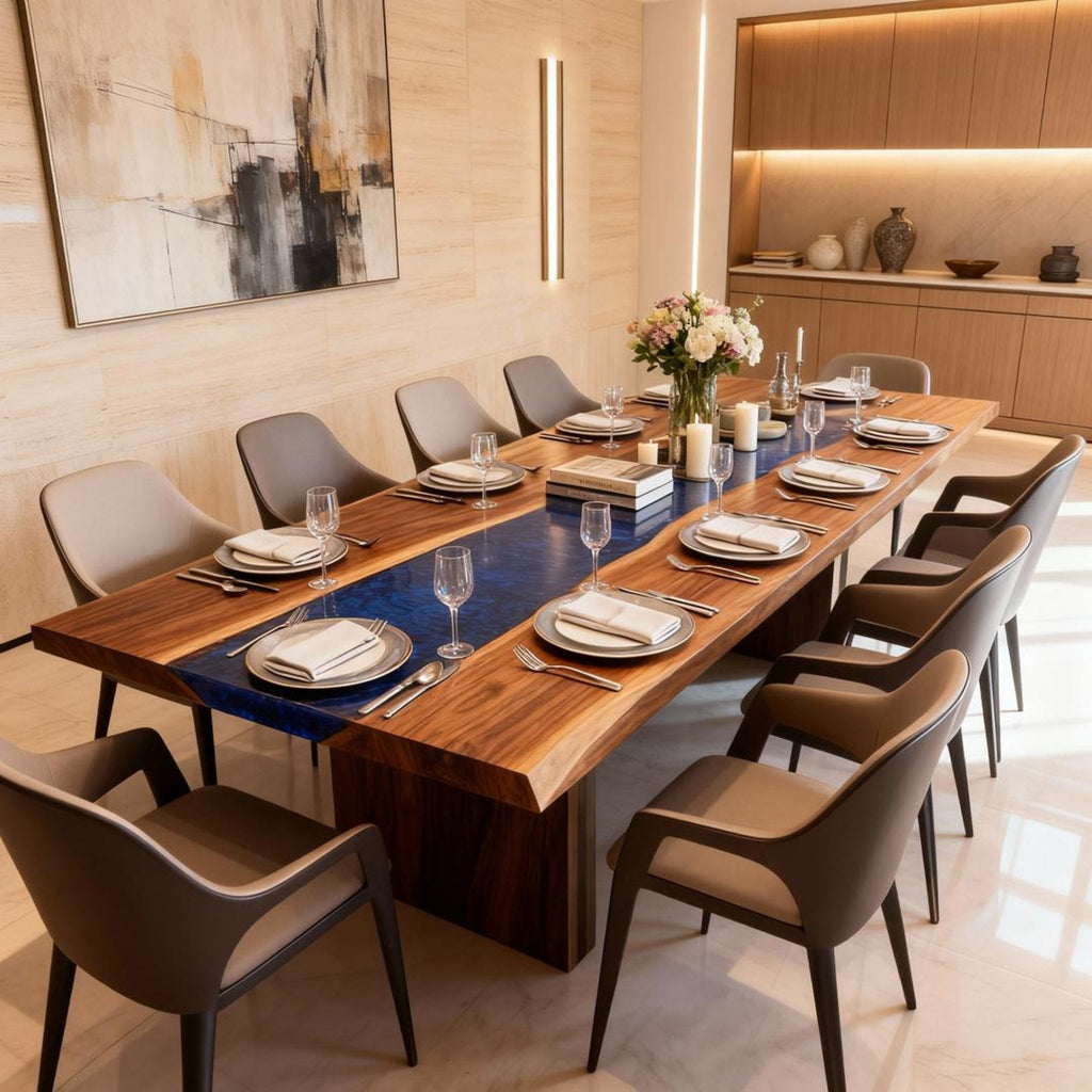 Table rivière sur mesure en résine époxy et noyer bleu saphir VXJ-582