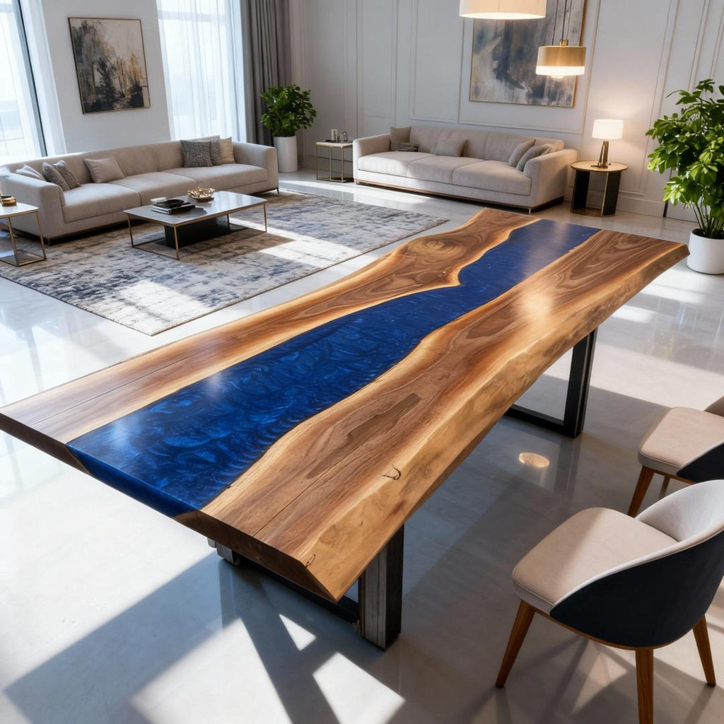 Table rivière sur mesure en résine époxy et noyer bleu saphir VXJ-582