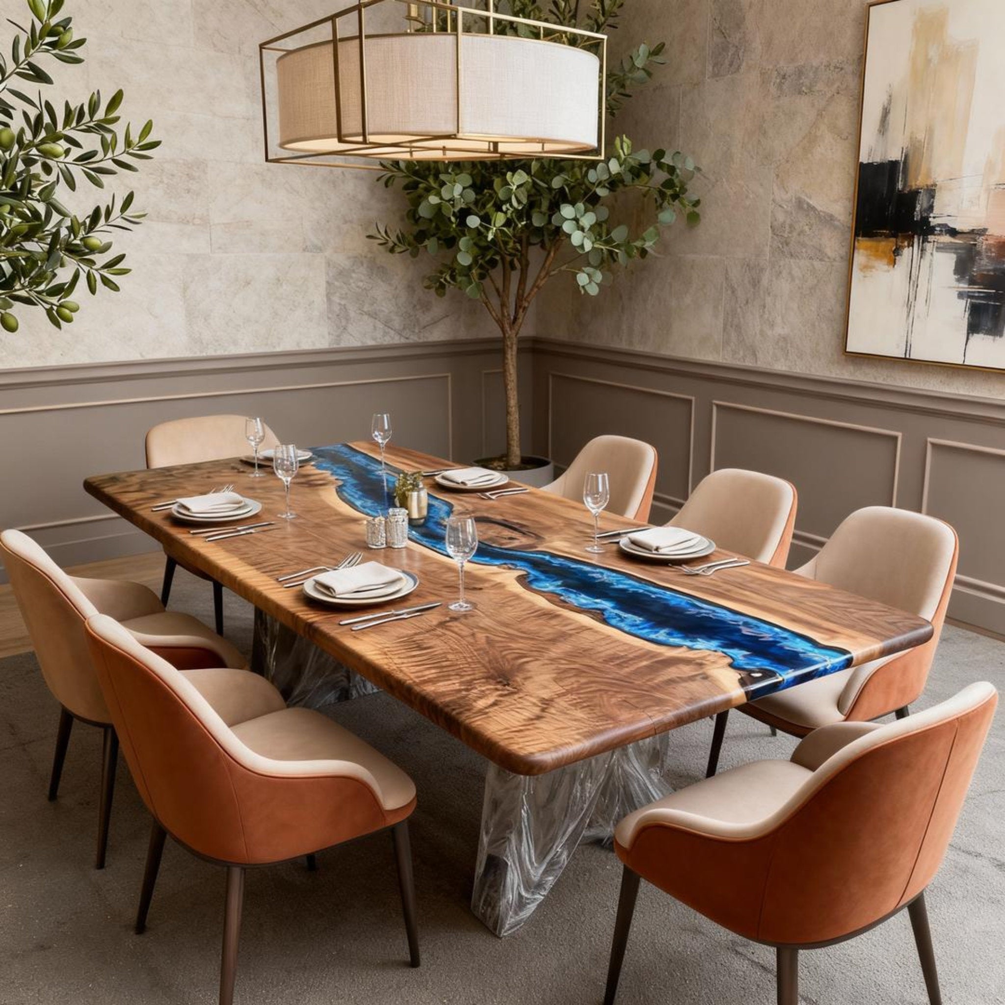 Table rivière sur mesure en résine époxy noyer, résine saphir cobalt ZKP-482