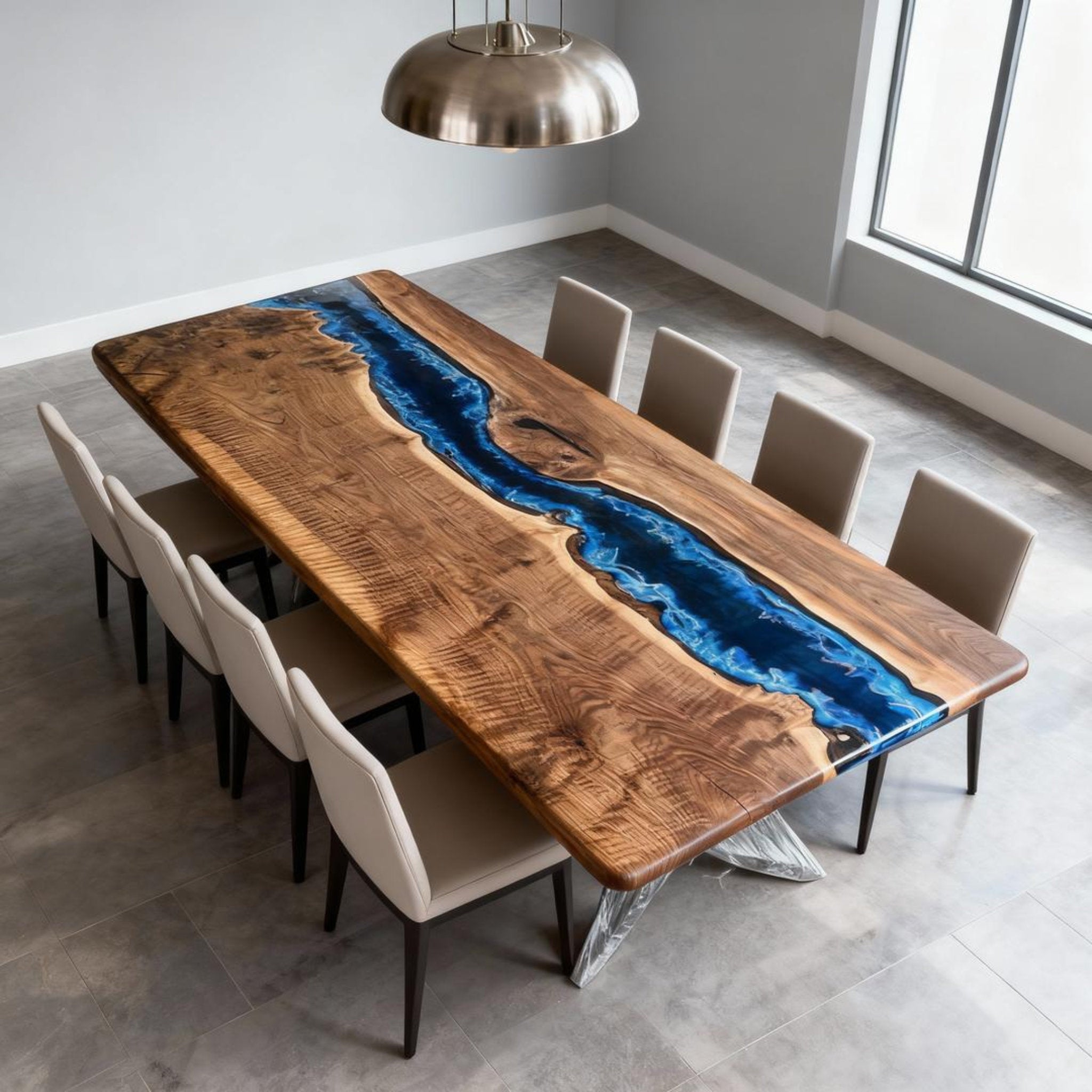 Table rivière sur mesure en résine époxy noyer, résine saphir cobalt ZKP-482