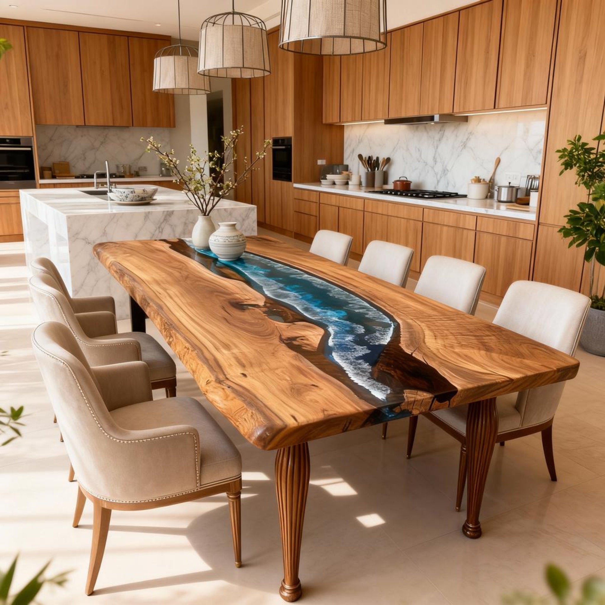 Table rivière personnalisée en résine époxy et noyer, dégradé bleu verre de mer MXT-592