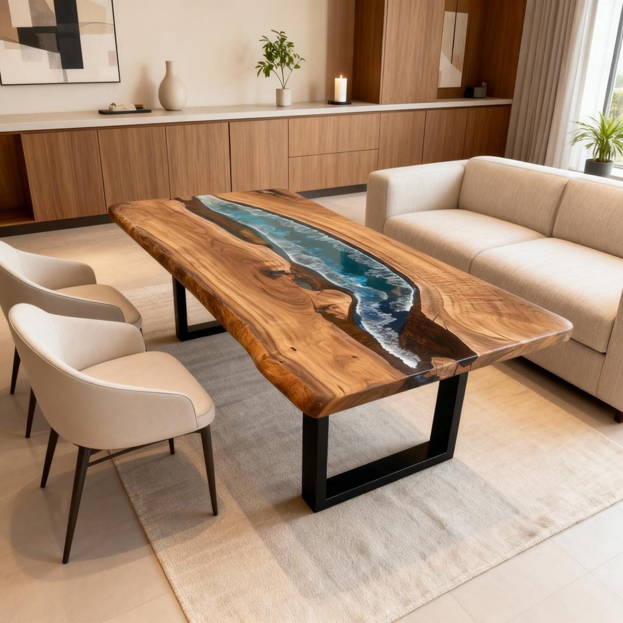 Table rivière personnalisée en résine époxy et noyer, dégradé bleu verre de mer MXT-592