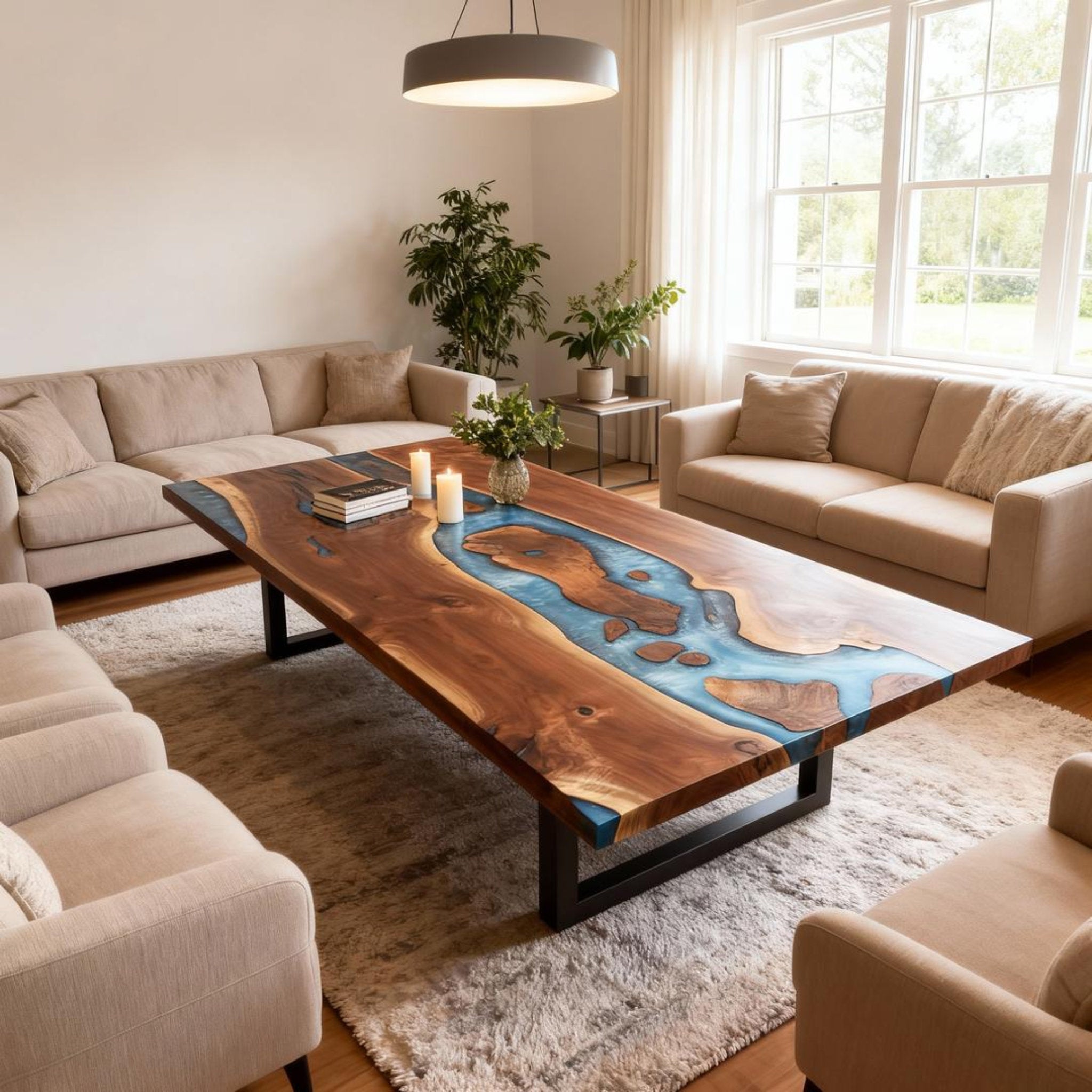 Table rivière personnalisée en résine époxy et noyer, bleu verre de mer KMF-724